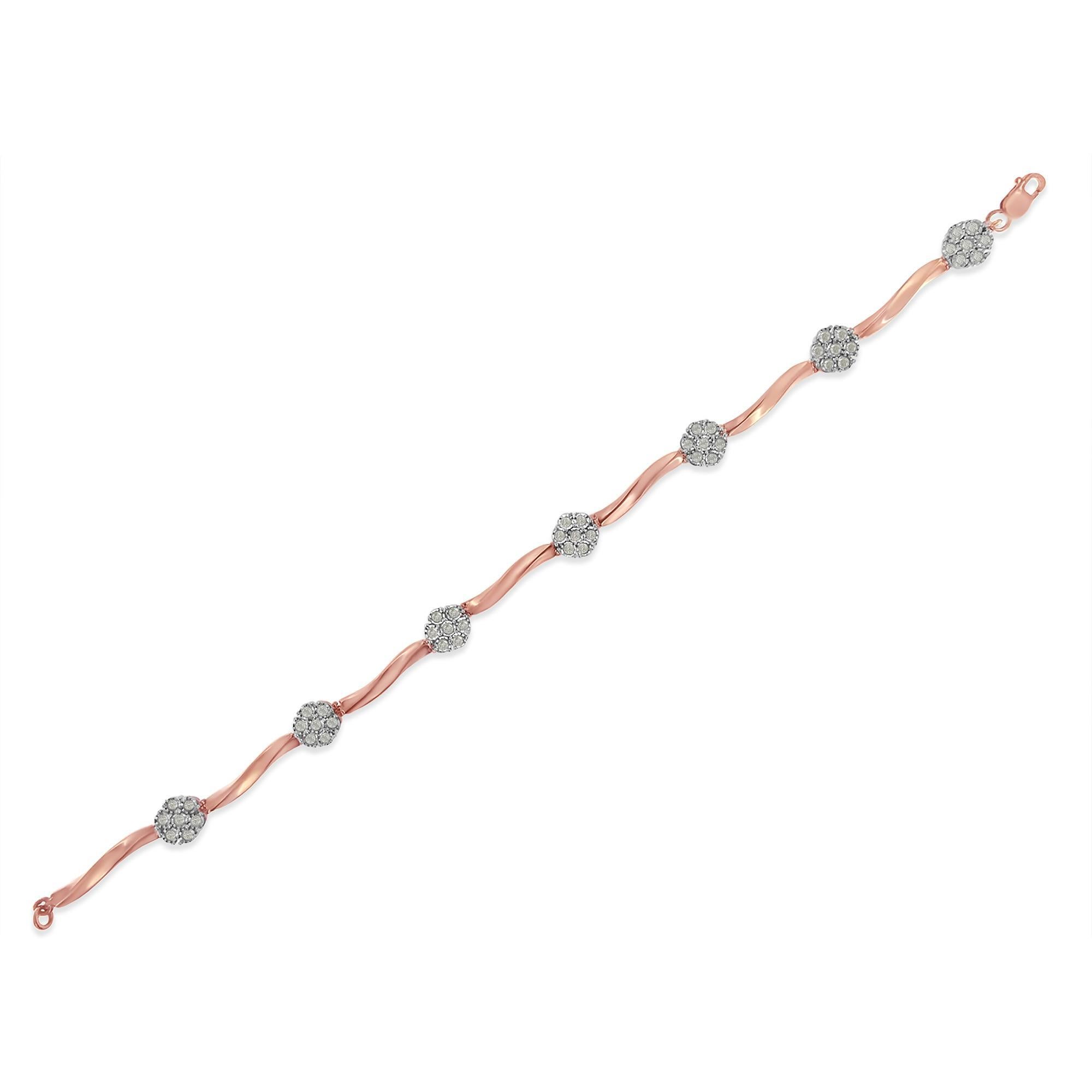 Taglio rotondo Bracciale con maglie floreali in oro rosa 10K e argento 925 con diamanti da 1,0 cttw in vendita