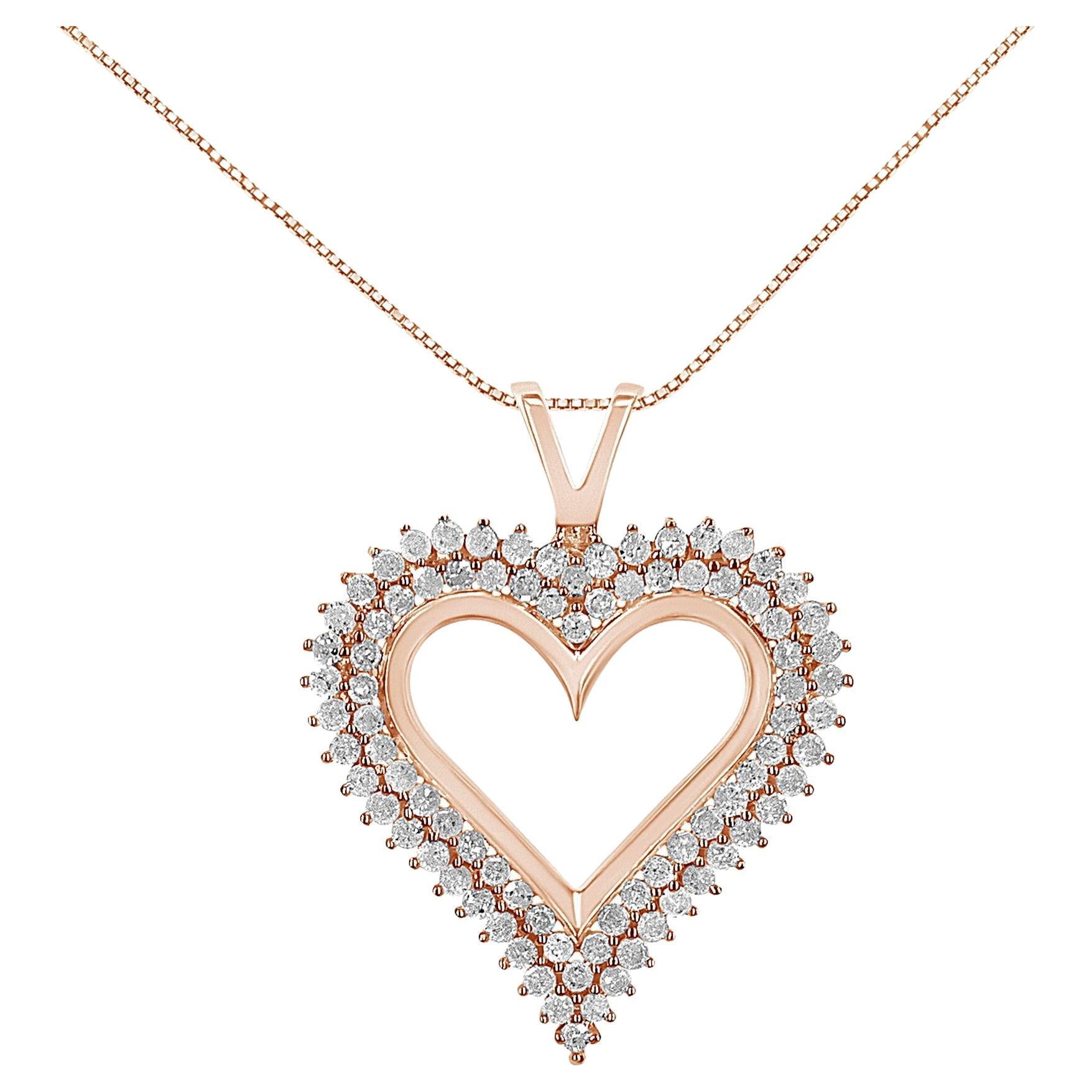 10K Rose Gold Over .925 Sterling Silver 1.0 Cttw Diamond Heart Pendant Necklace For Sale