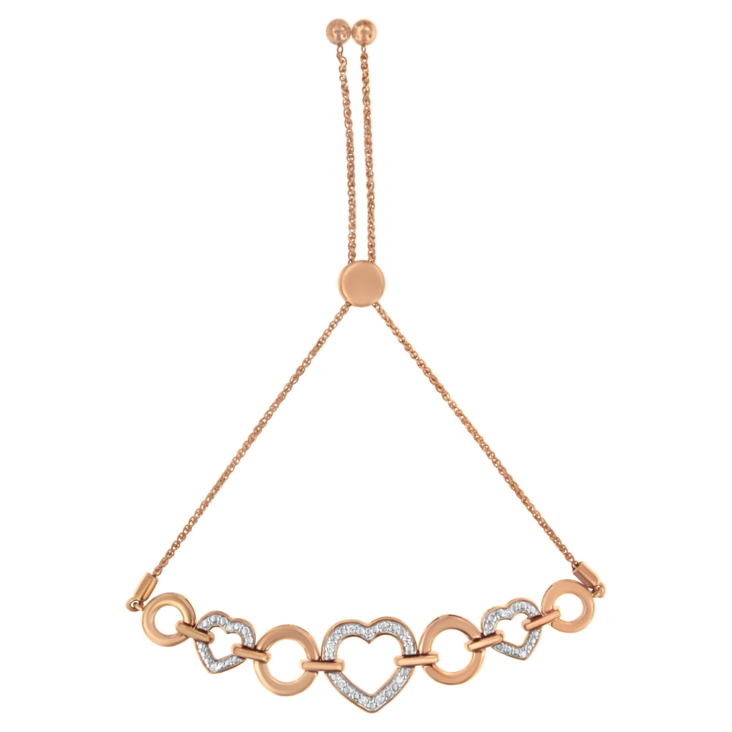 Bracelet Bolo réglable en or rose 10 carats sur argent avec diamants 1/10 carat en forme de cœur