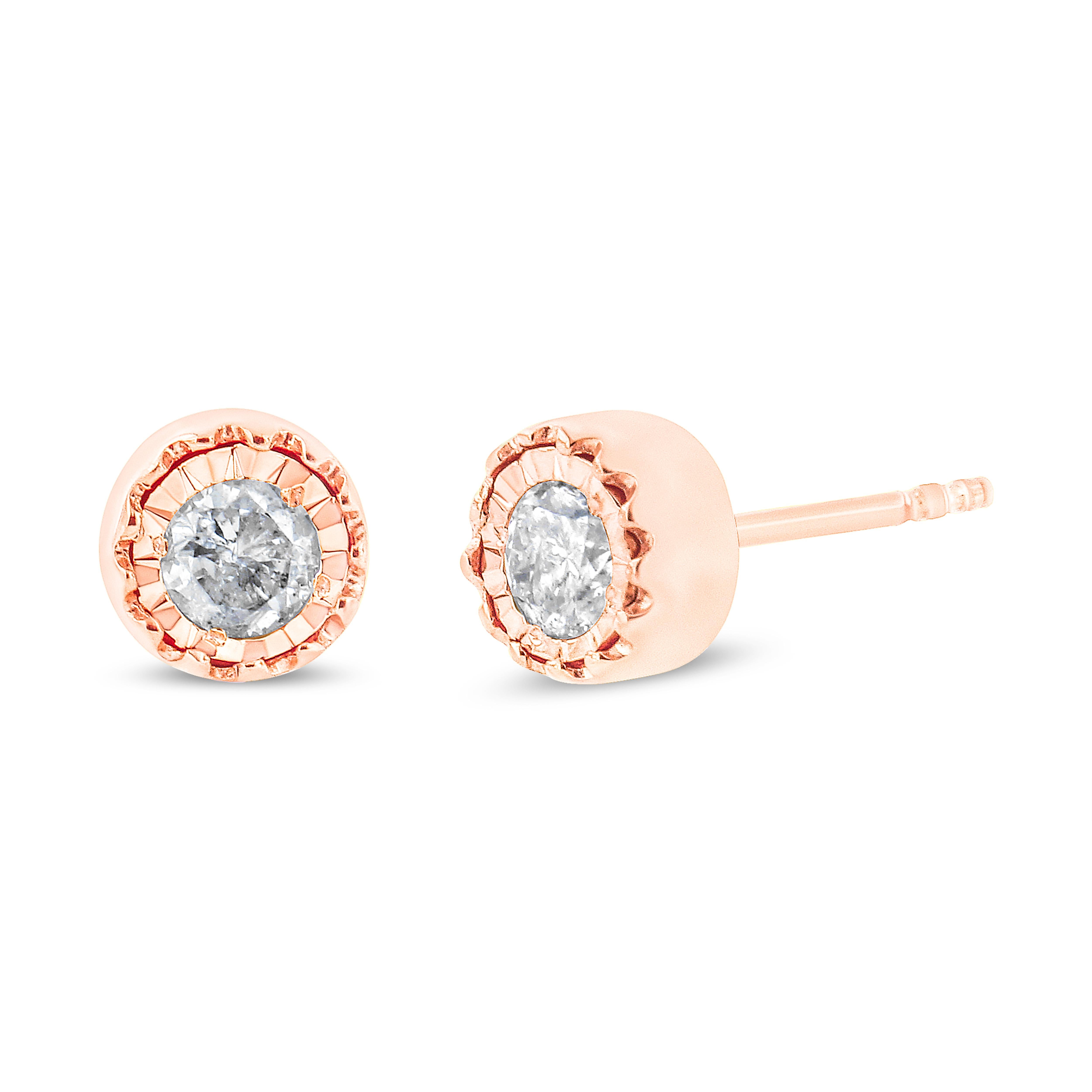 Look effortlessly chic and sophisticated for any occasion when you walk into a room wearing these stunning solitaire diamond stud earrings. Immortalized in fine 10K Rose Gold Flashed .925 sterling silver, this pair presents a gorgeous sparkle with