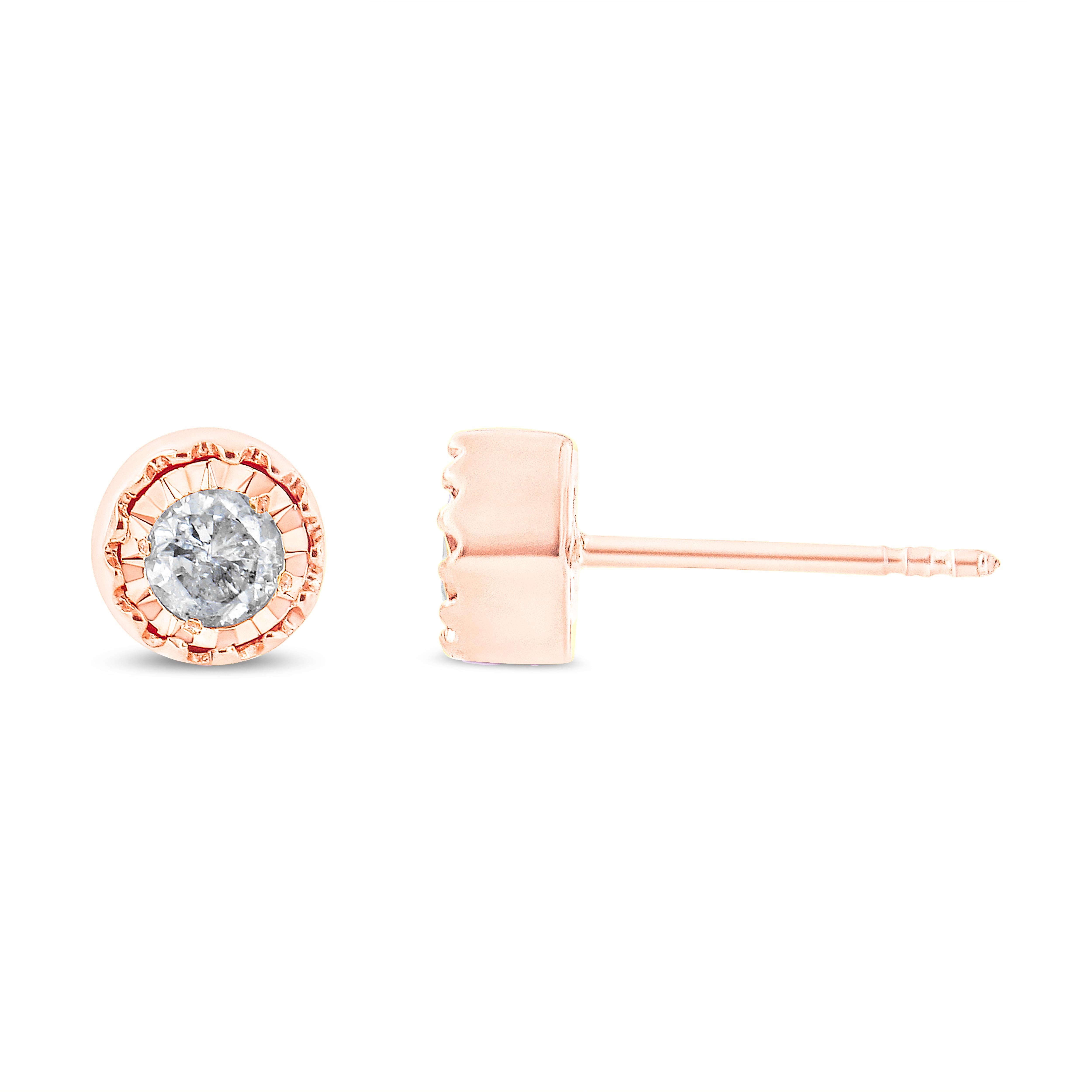 Contemporary 10K Rose Gold over Silver 3/8 Carat Diamond Miracle Set Stud Earrings For Sale