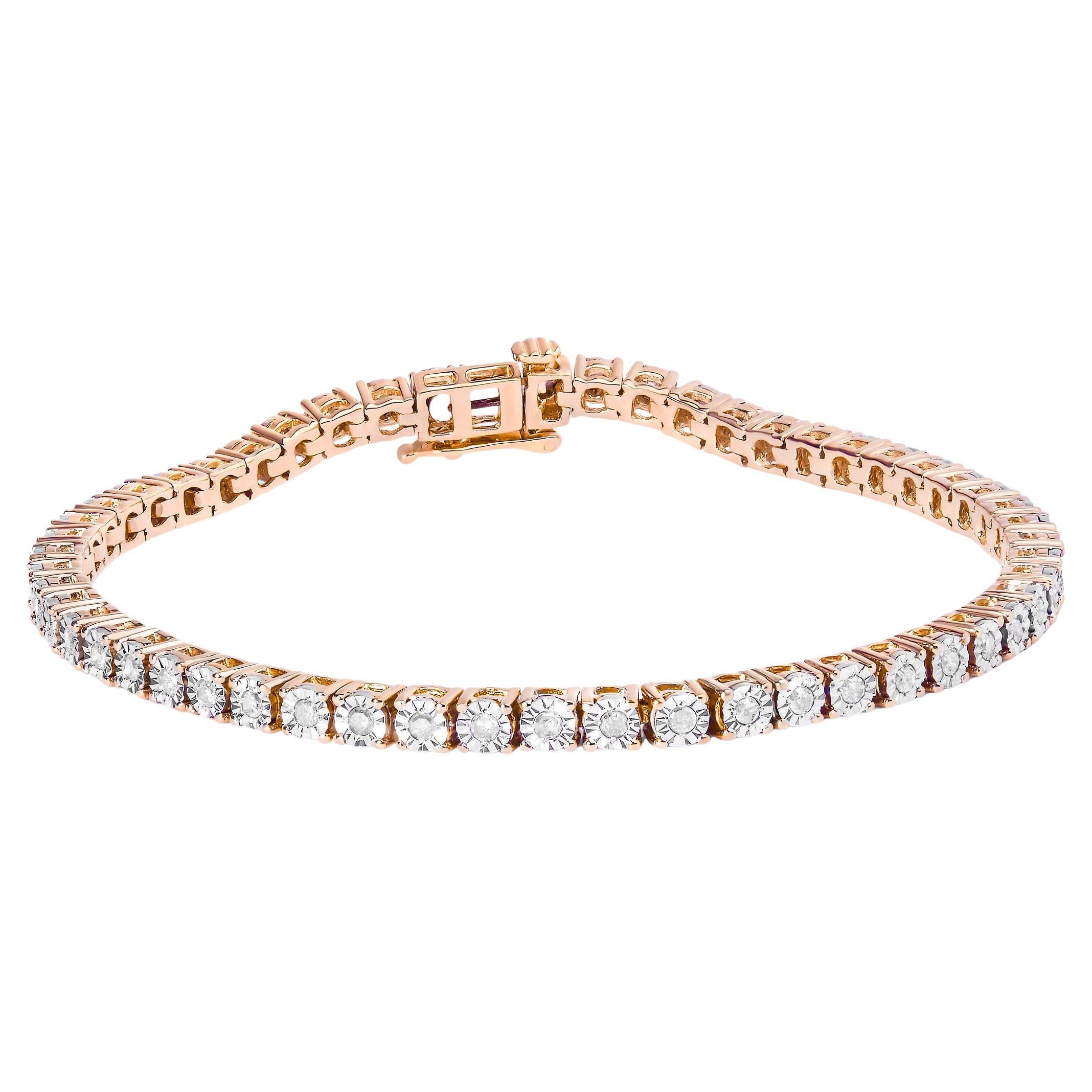 10K Rose Gold Over Sterling Silver 1.0 Ctw Diamond Faceted Bezel Tennis Bracelet