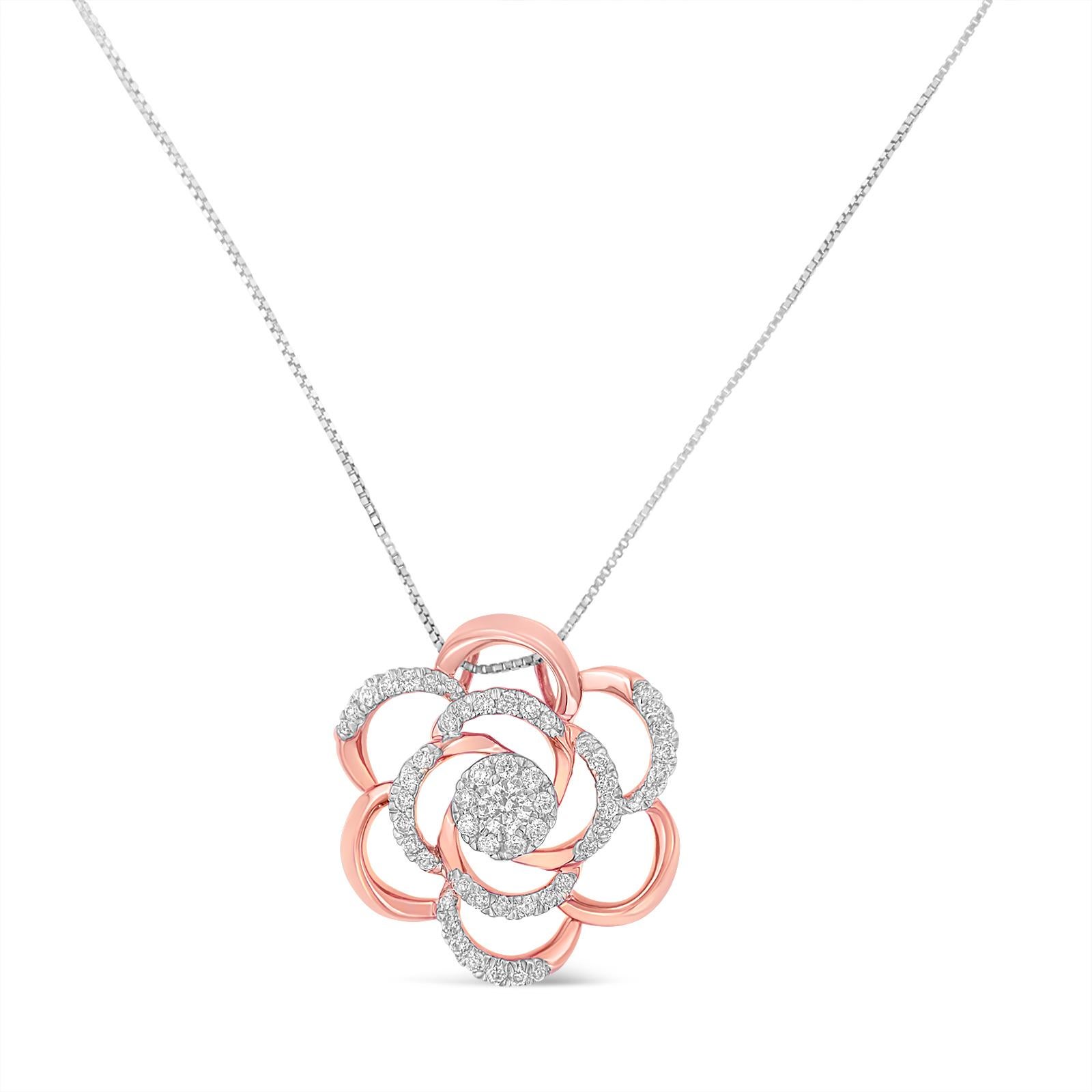 Define your look with this alluring diamond pendant. Formed in the shape of a flower, the pendant is created with ten karats gold and polished high to shine with rose gold plating. Featuring a flickering round cut diamond stone in the middle and on