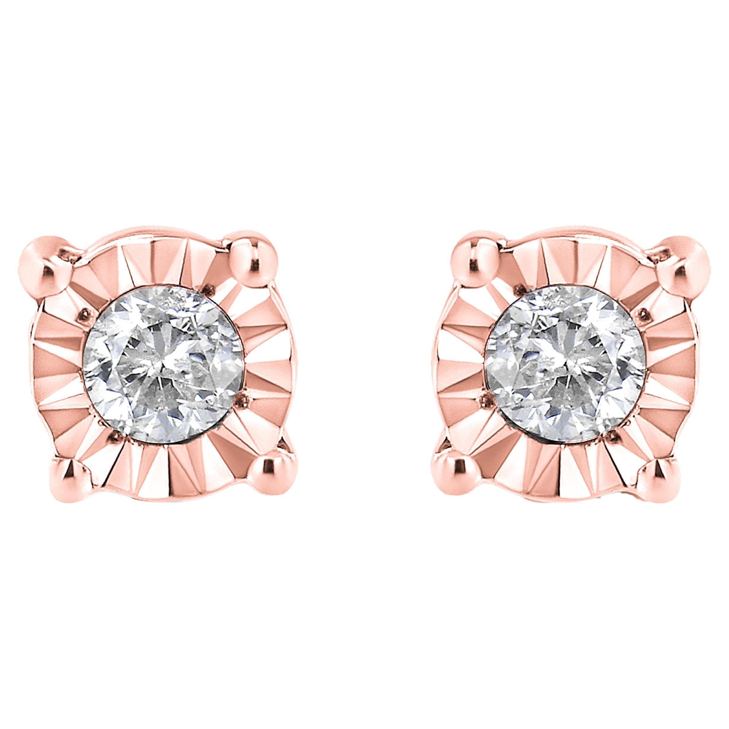 10K Rose Gold Plated .925 Sterling Silver 1/10 Carat Diamond Stud Earrings For Sale