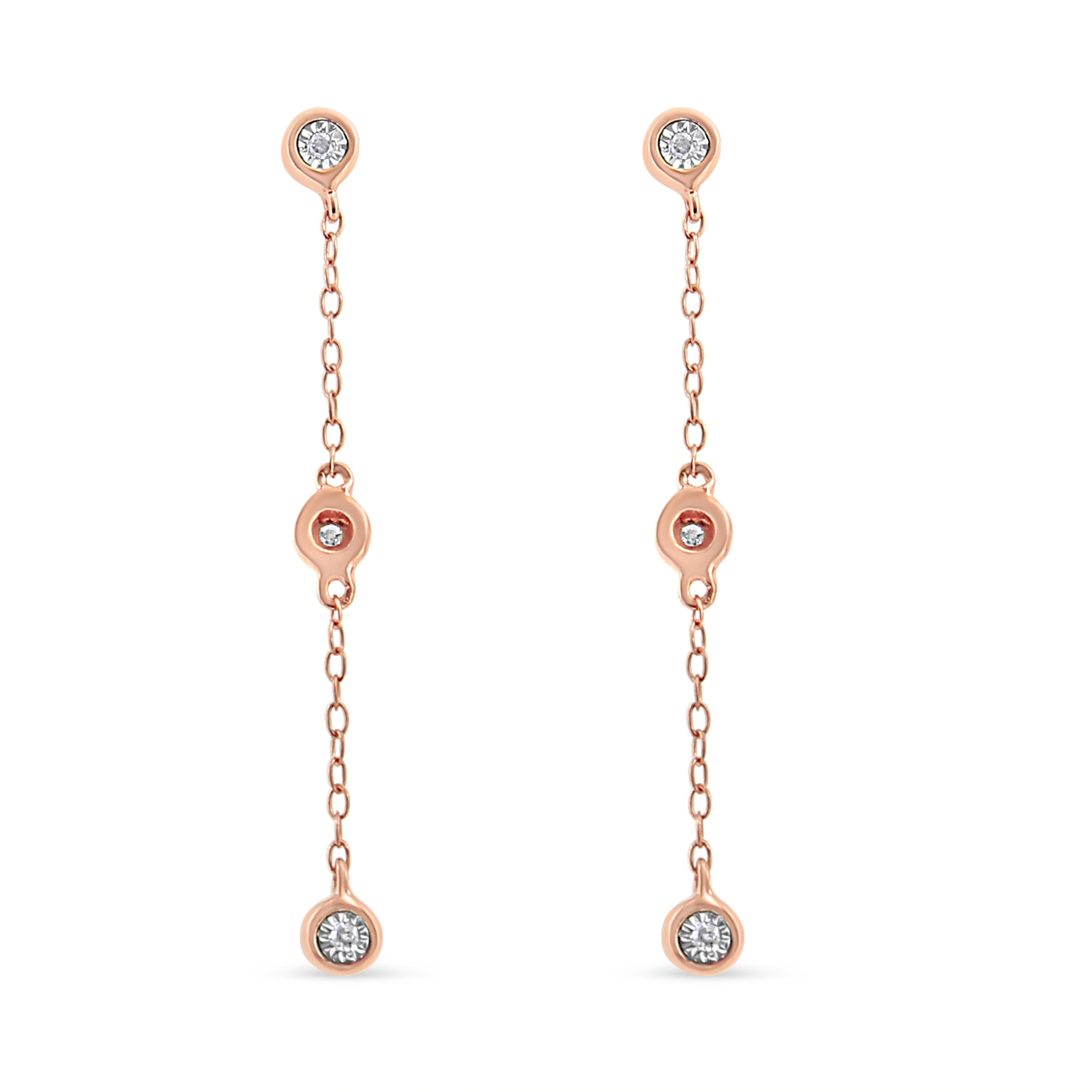Contemporary 10K Rose Gold Plated .925 Sterling Silver 1/15 Carat Diamond Dangle Earrings For Sale