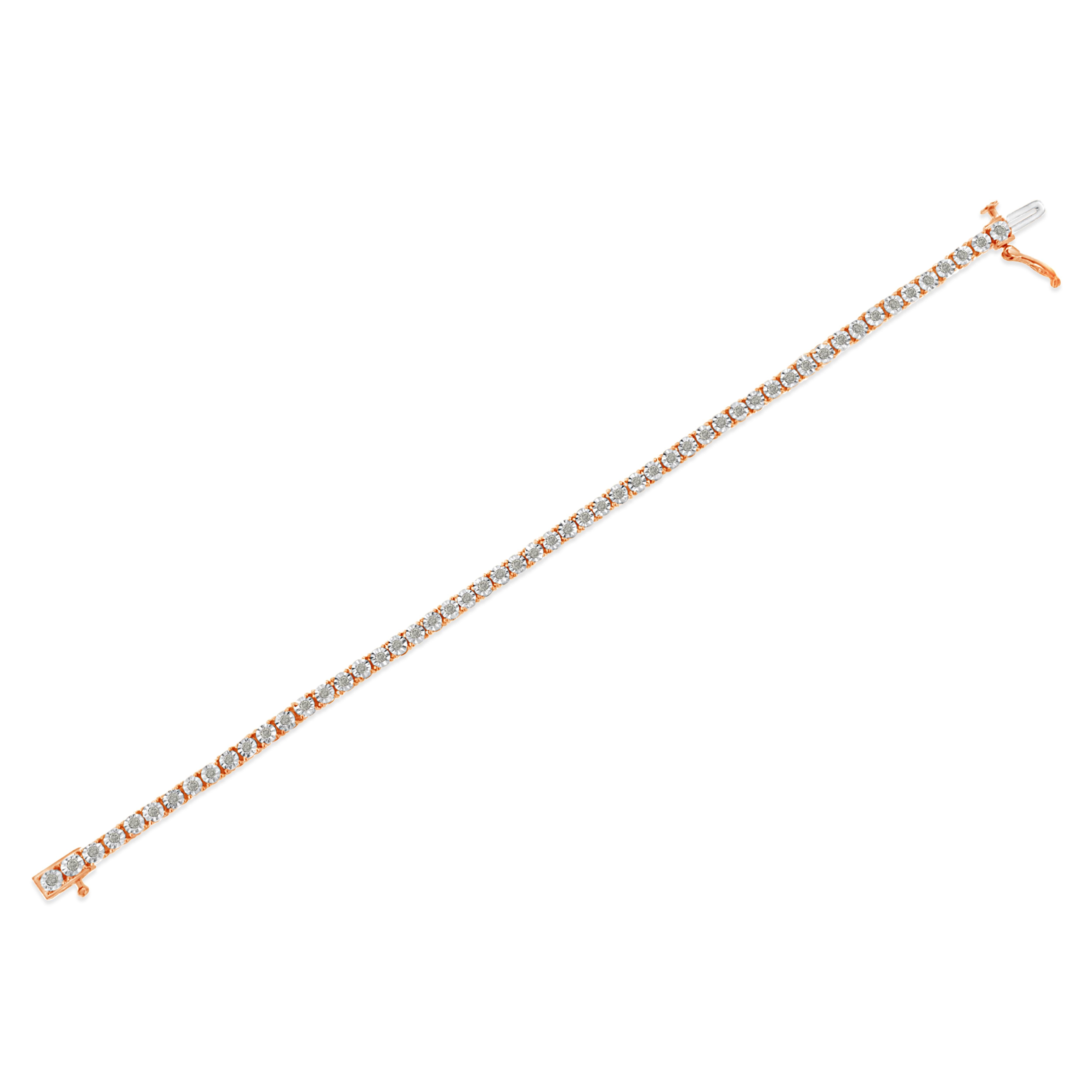 Bracelet tennis en argent sterling plaqué or rose avec diamants de 1,0 carat sertis en cascade Pour femmes en vente