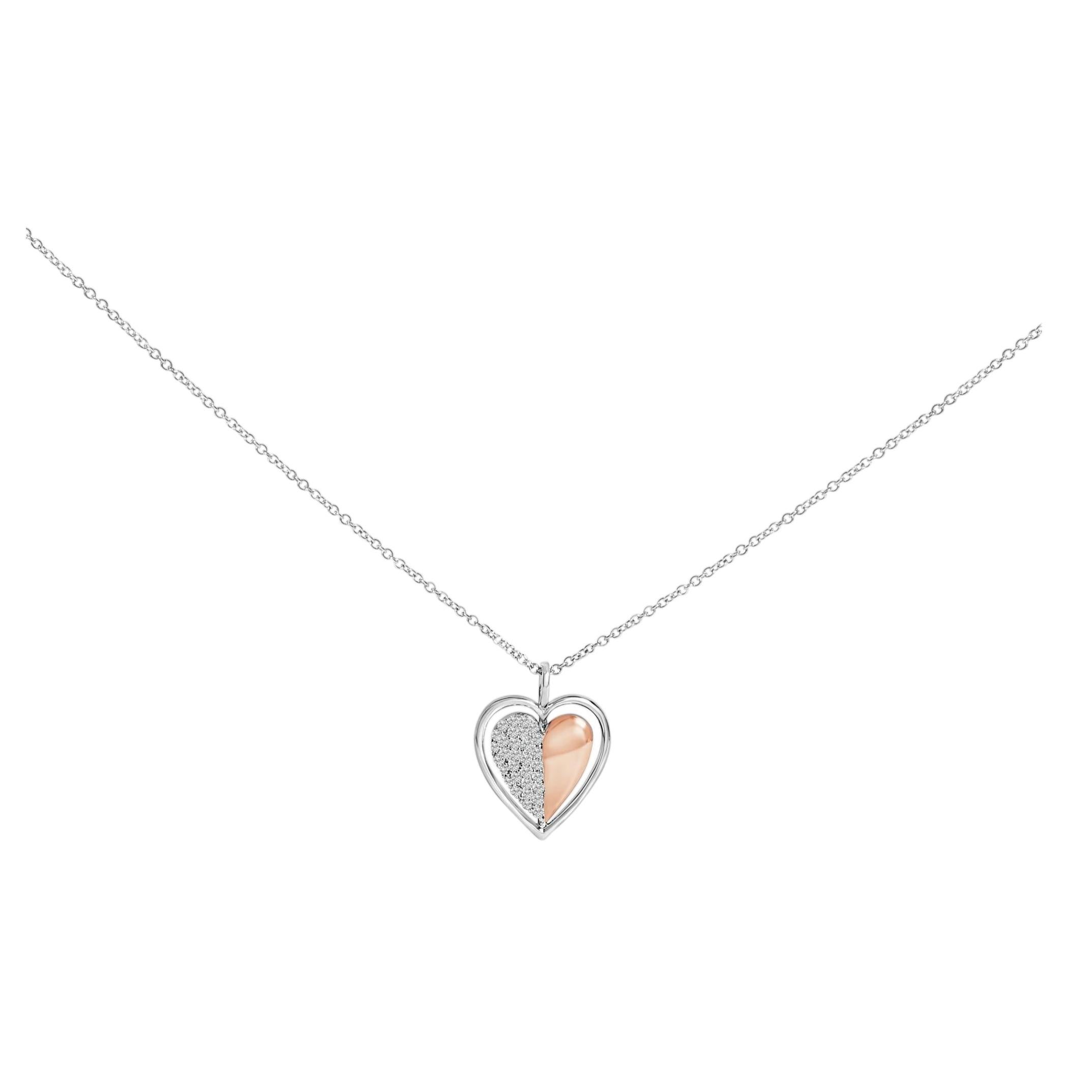 10K Rose Gold Plated Silver 1/5 Cttw Diamond Two-Tone Heart Pendant Necklace