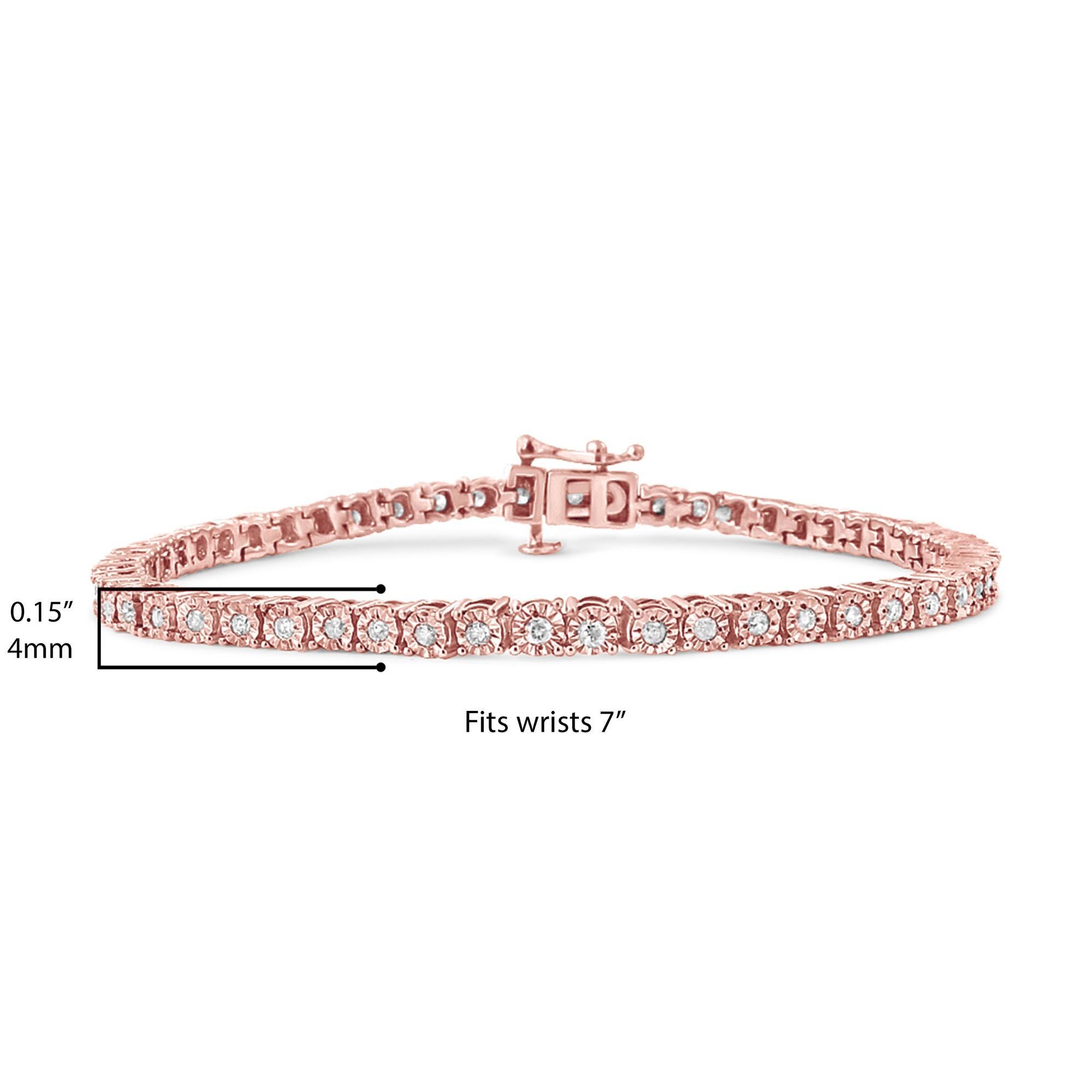 Round Cut 10K Rose Gold Plated Sterling Silver 1.0ct Diamond Faceted Bezel Tennis Bracelet For Sale