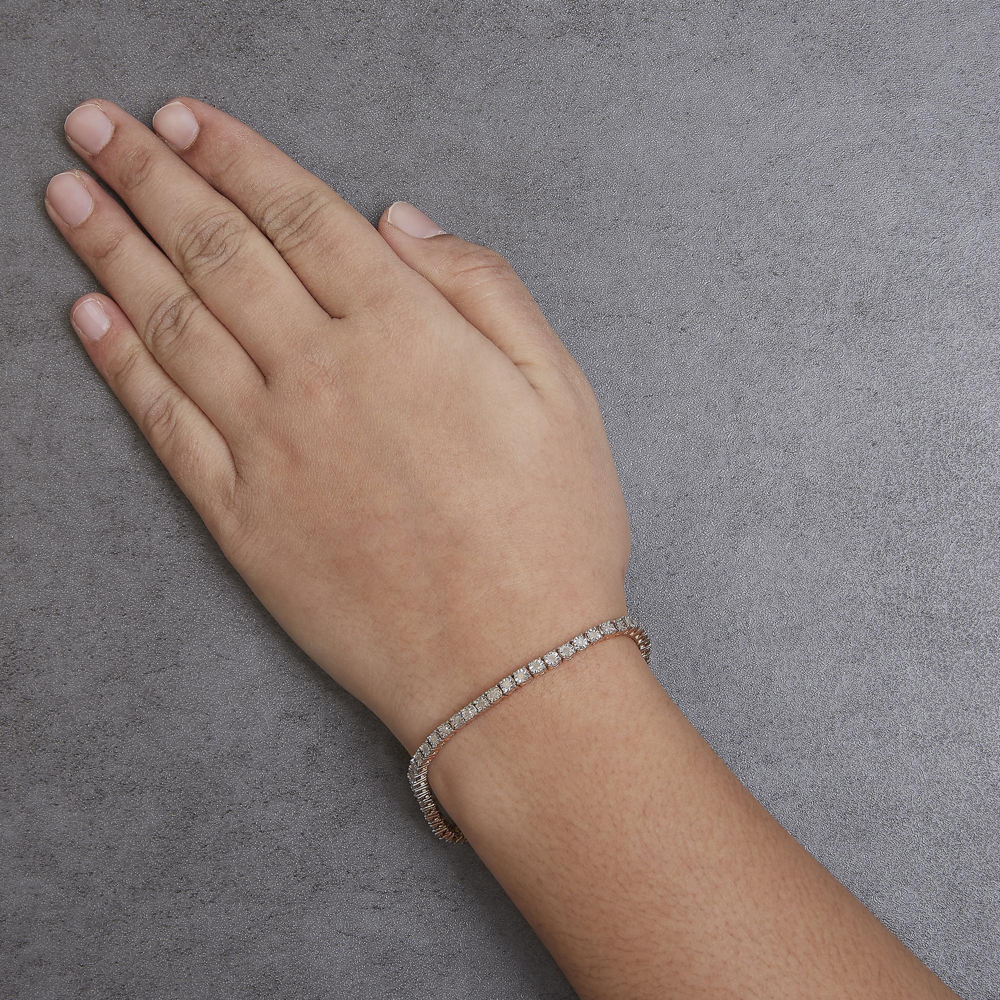 10K Rose Gold Plated Sterling Silver 1.0ct Diamond Faceted Bezel Tennis Bracelet In New Condition For Sale In New York, NY