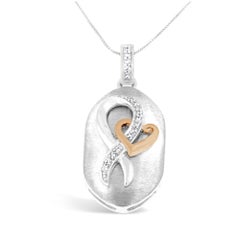 10k Rose Gold Plated Sterling Silver Round Diamond Heart Ribbon Pendant Necklace