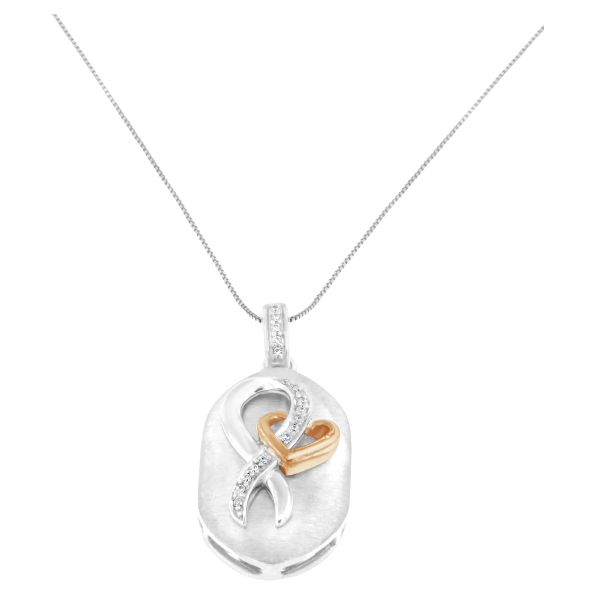 10k Rose Gold Plated Sterling Silver Round Diamond Heart Ribbon Pendant Necklace