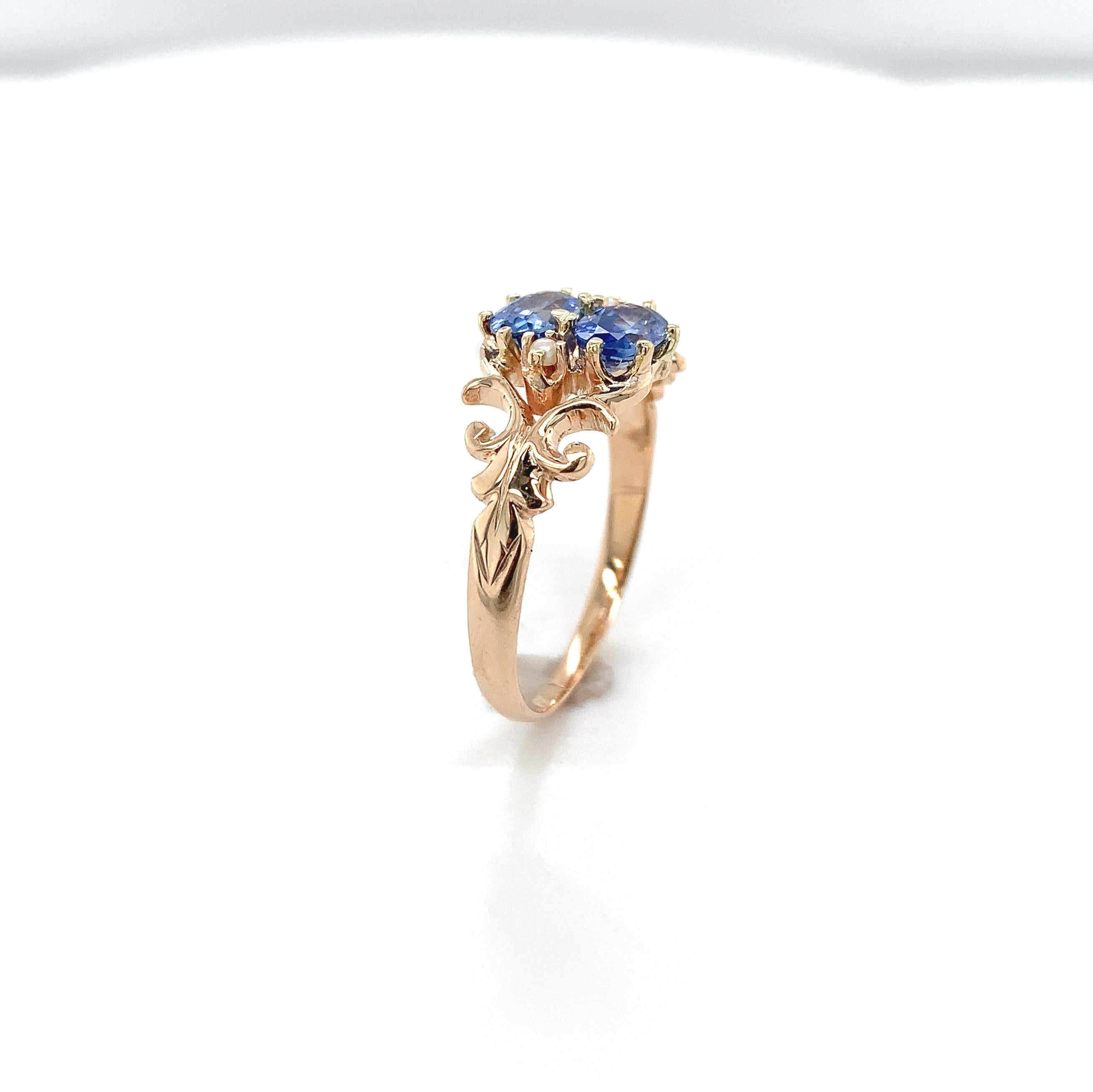 Oval Cut 10K Rose Gold Victorian Sapphire and Seed Pearl Ring For Sale