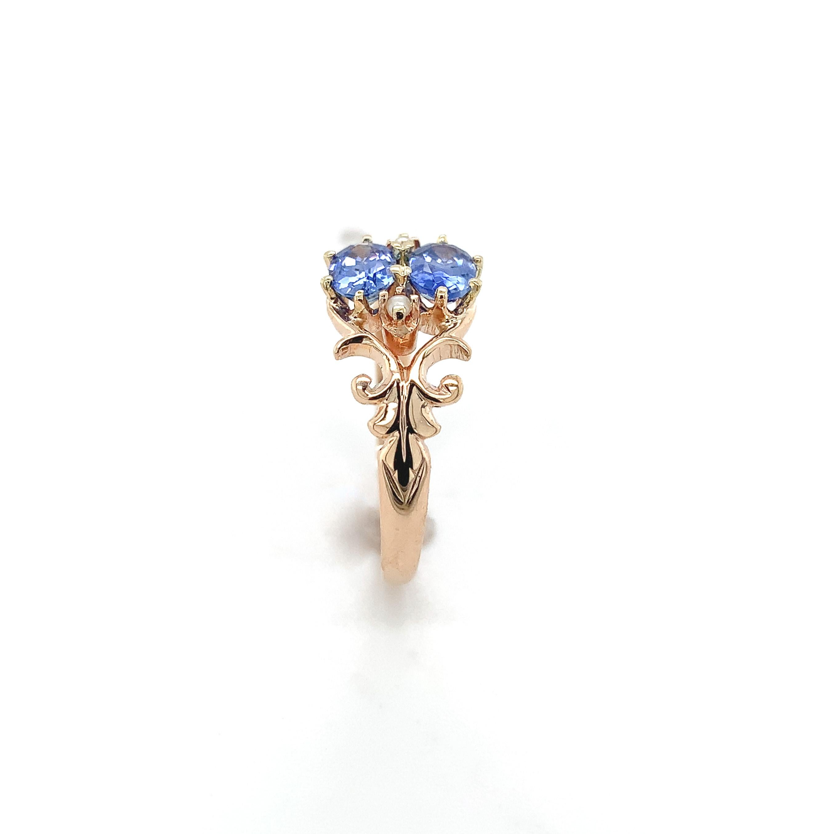 10K Rose Gold Victorian Sapphire and Seed Pearl Ring In Good Condition For Sale In Big Bend, WI
