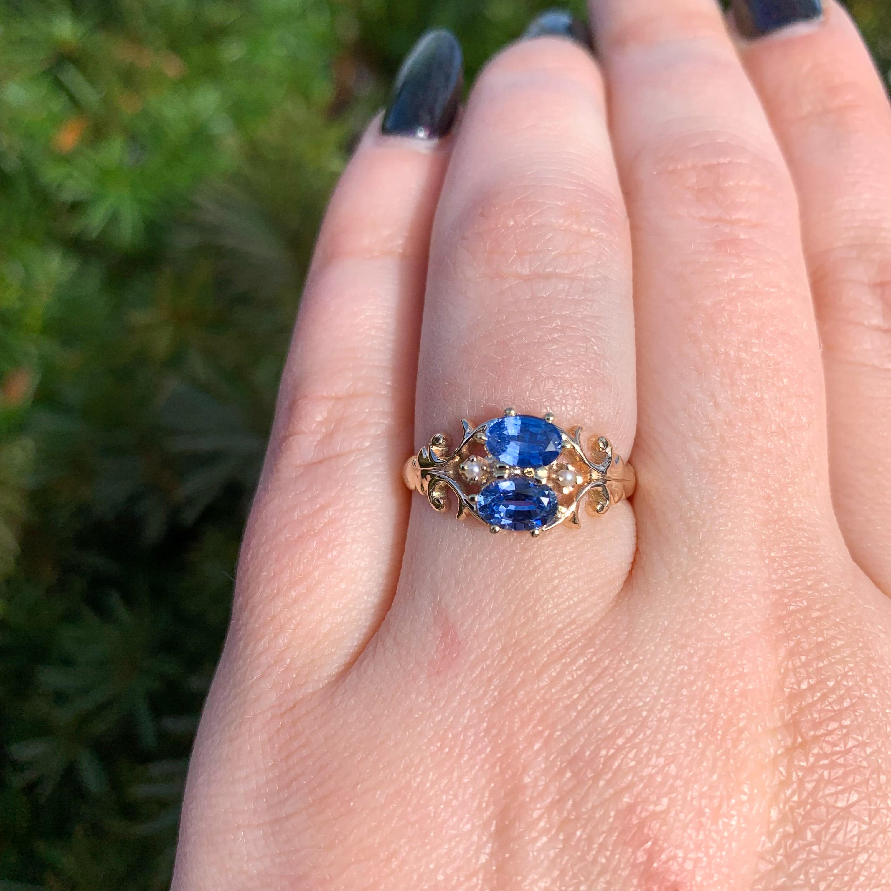 10K Rose Gold Victorian Sapphire and Seed Pearl Ring For Sale 2