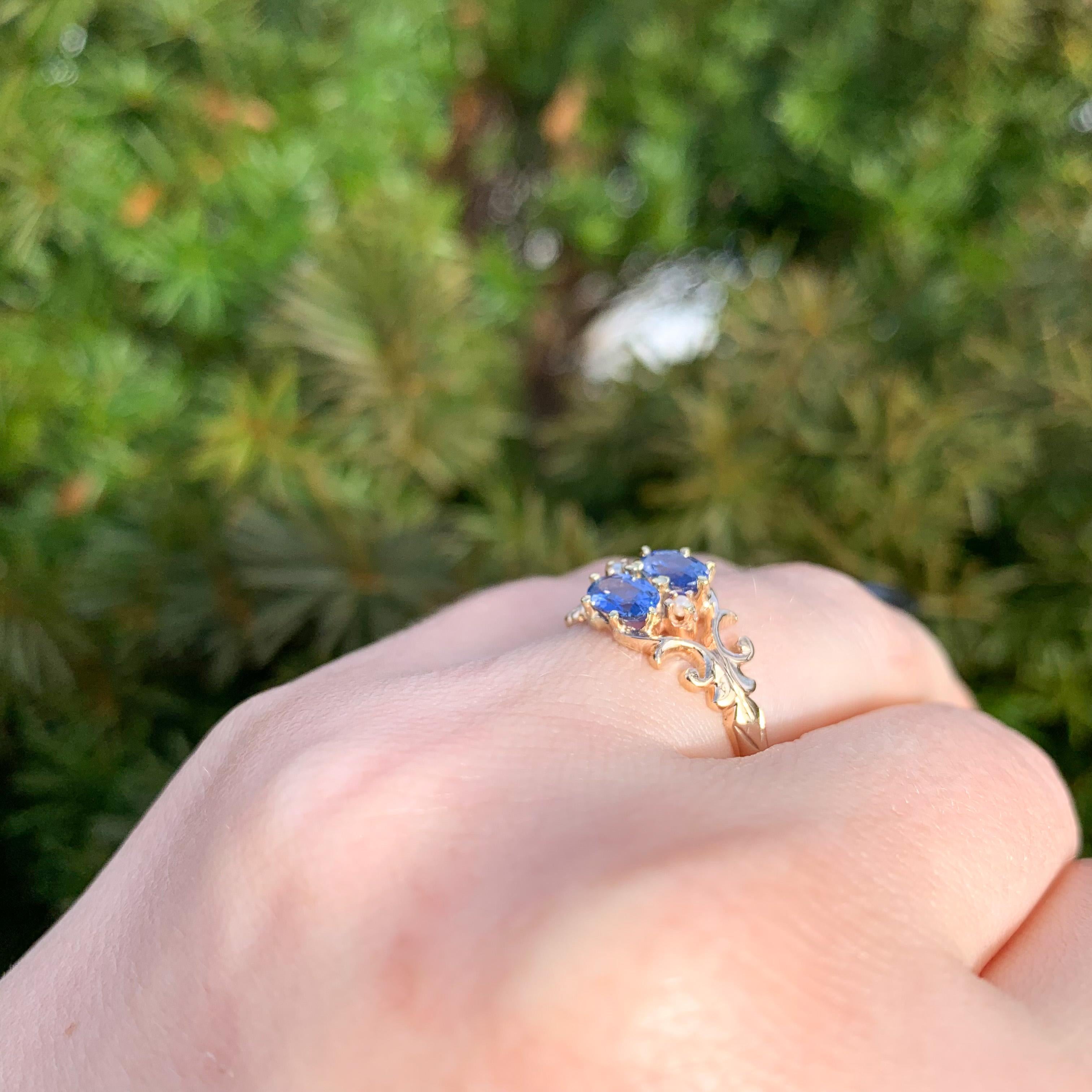 10K Rose Gold Victorian Sapphire and Seed Pearl Ring For Sale 3