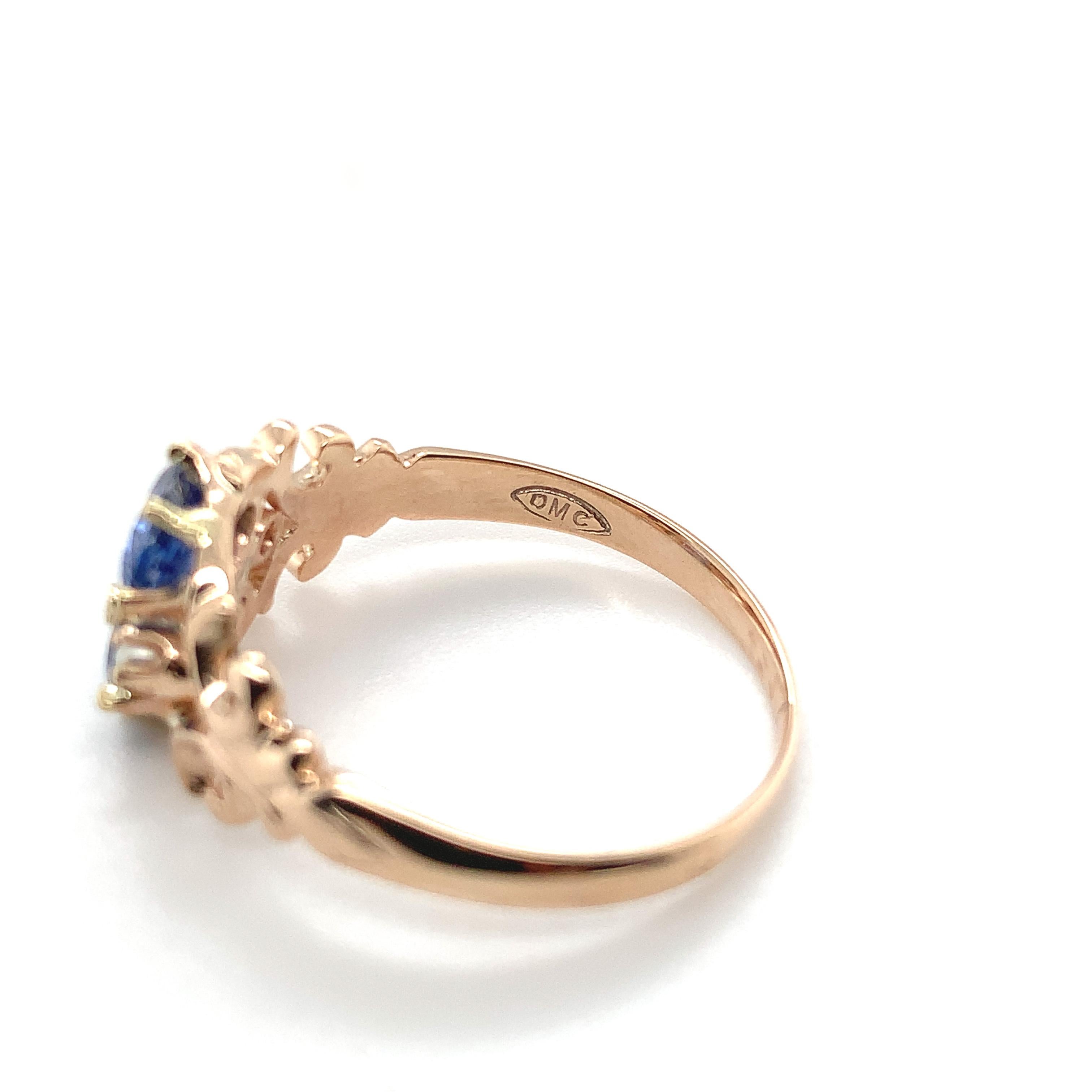 10K Rose Gold Victorian Sapphire and Seed Pearl Ring For Sale 4