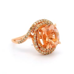 10k Rosy Yellow Gold Oval Morganite Diamond Swirl Halo High Profile Ring