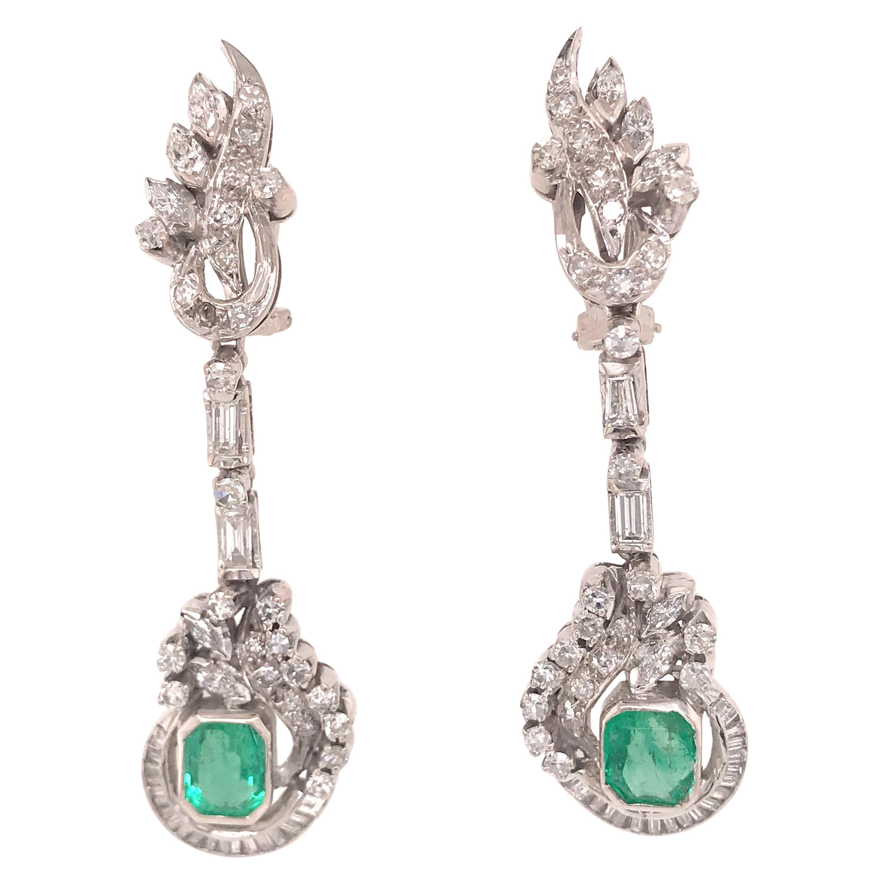 10 Karat Silver Edwardian Diamond and Emerald Earring in White Gold