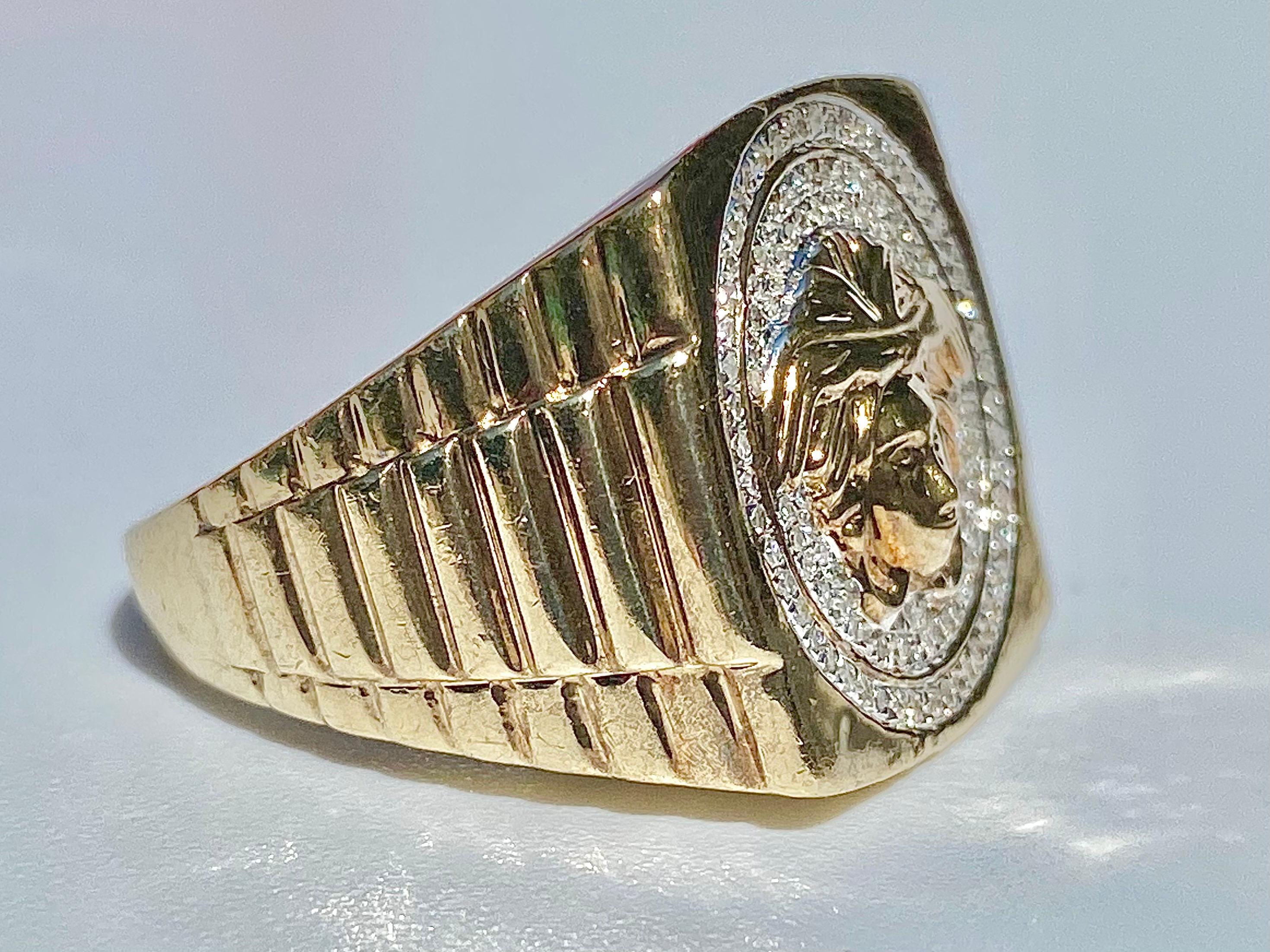 Greek Revival 10k Solid Gold Diamond Men's Ring with Medusa Face For Sale