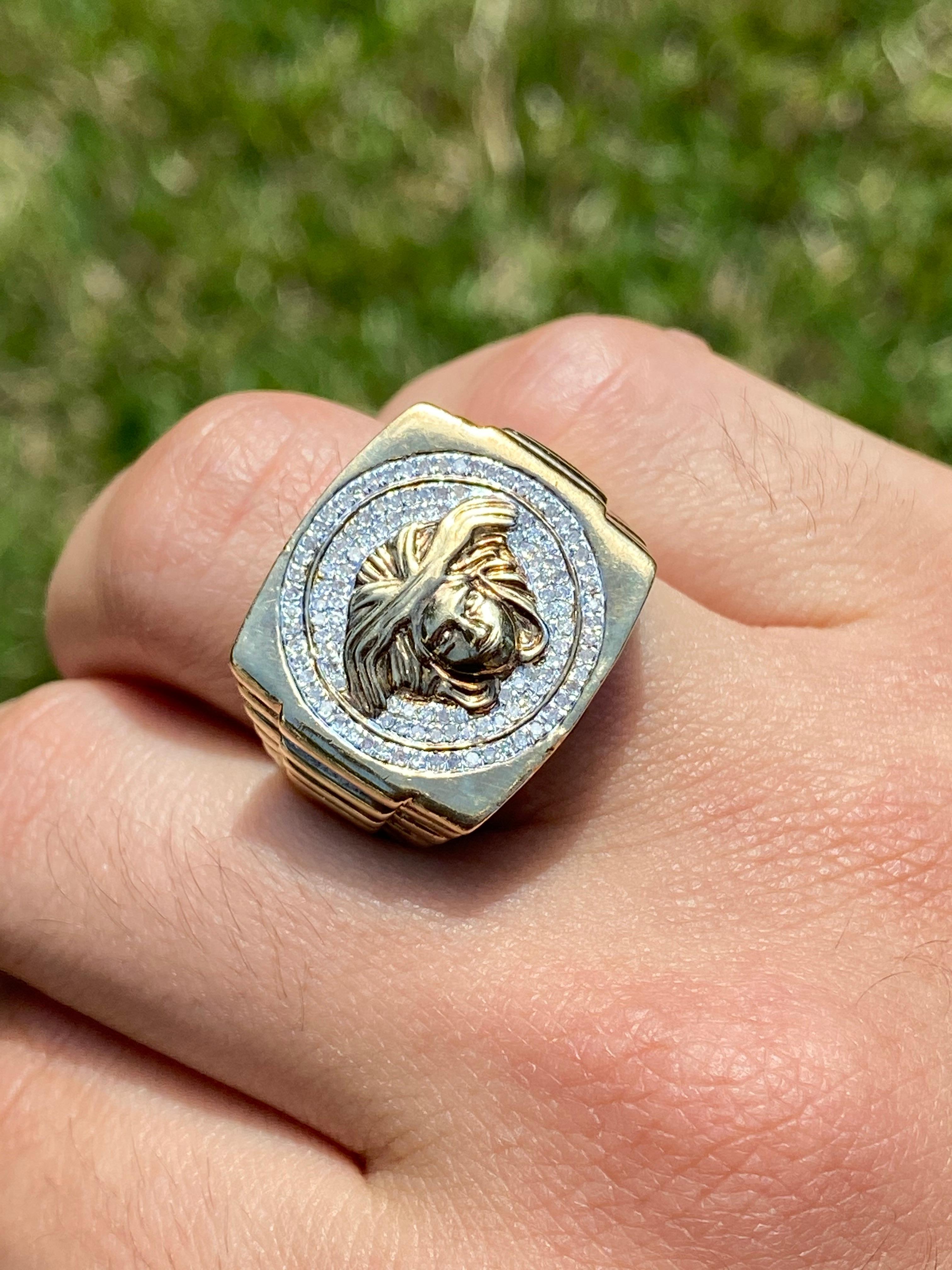 10k Solid Gold Diamond Men's Ring with Medusa Face In Good Condition For Sale In Miami, FL