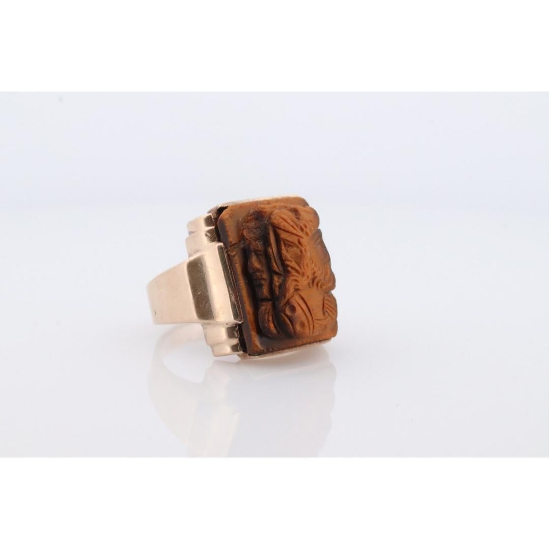 Men's 10k Tiger Eye Cameo Signet Ring. 10k rose gold Heavy Carved Warrior Gents or Men For Sale