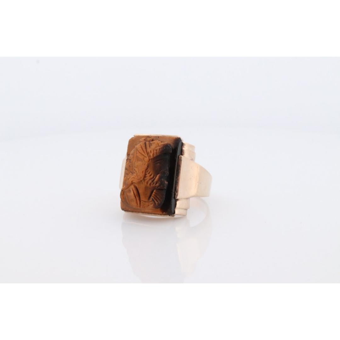 10k Tiger Eye Cameo Signet Ring. 10k rose gold Heavy Carved Warrior Gents or Men For Sale 1