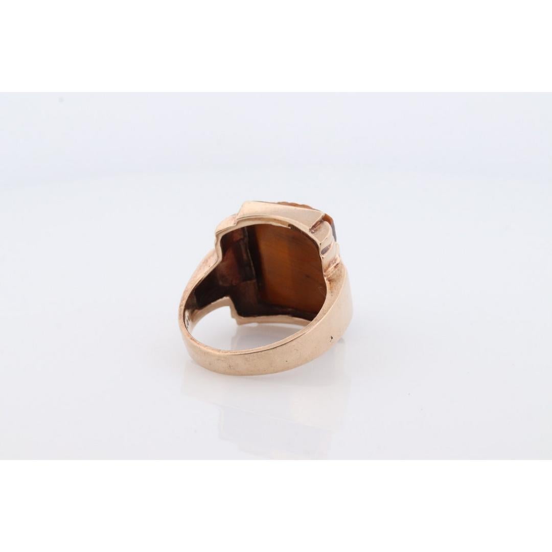 10k Tiger Eye Cameo Signet Ring. 10k rose gold Heavy Carved Warrior Gents or Men For Sale 2
