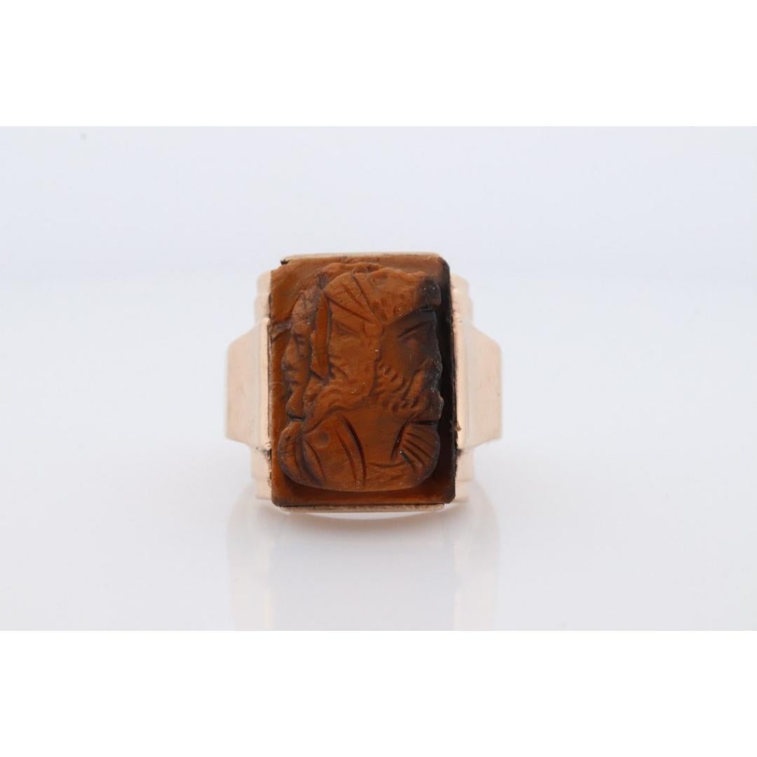 10k Tiger Eye Cameo Signet Ring. 10k rose gold Heavy Carved Warrior Gents or Men For Sale 3