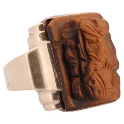 10k Tiger Eye Cameo Signet Ring. 10k rose gold Heavy Carved Warrior Gents or Men