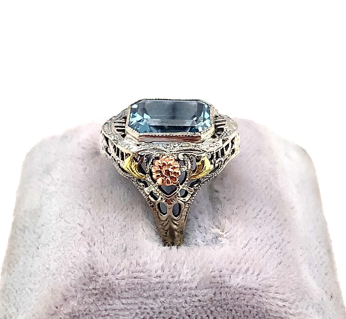 Art Deco 10K Tri-Color 3.28ct Aquamarine Filigree Ring For Sale