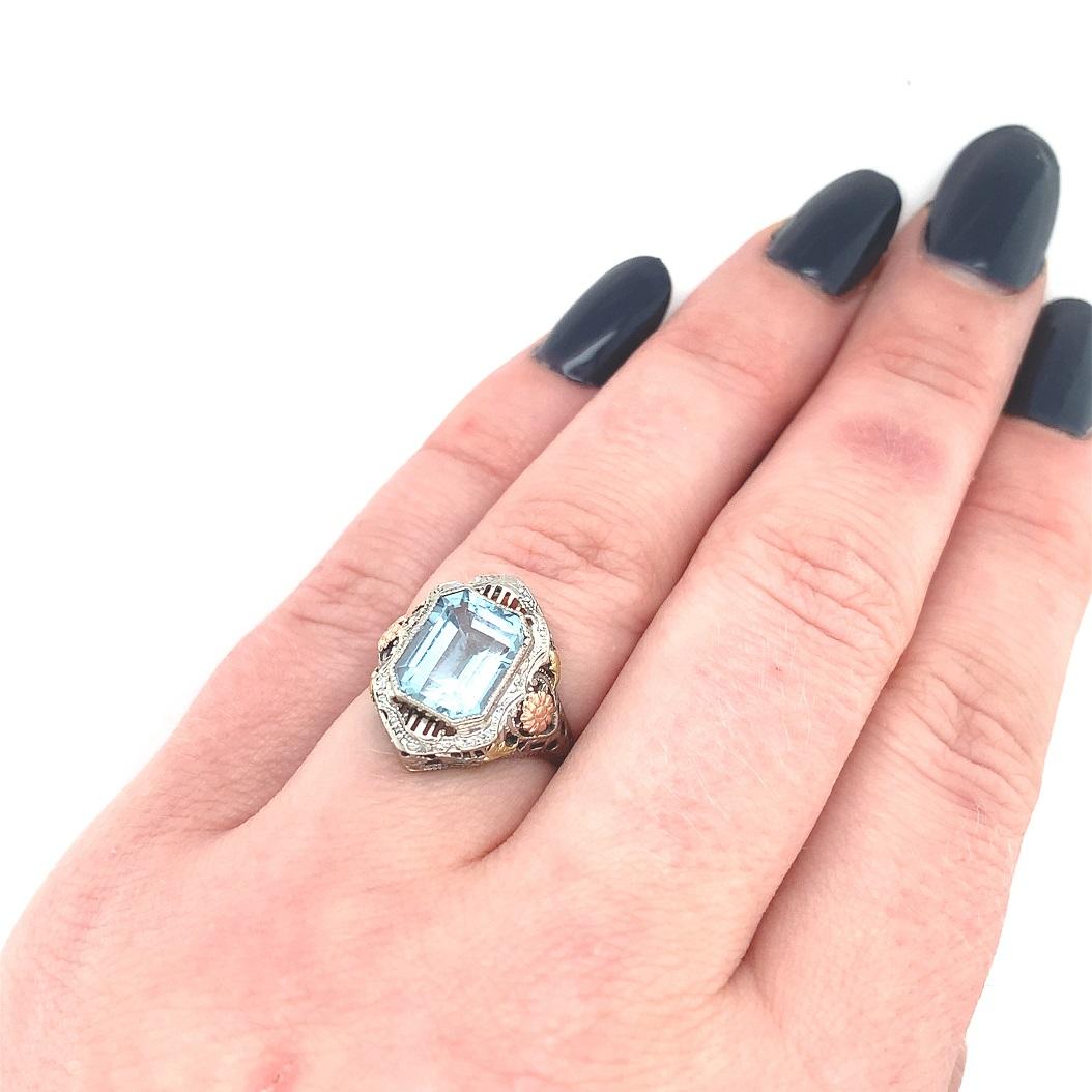 10K Tri-Color 3.28ct Aquamarine Filigree Ring In Excellent Condition For Sale In Big Bend, WI