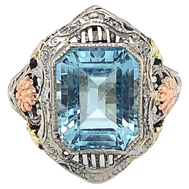 Filigraner 10K Tri-Color 3,28ct Aquamarin-Ring