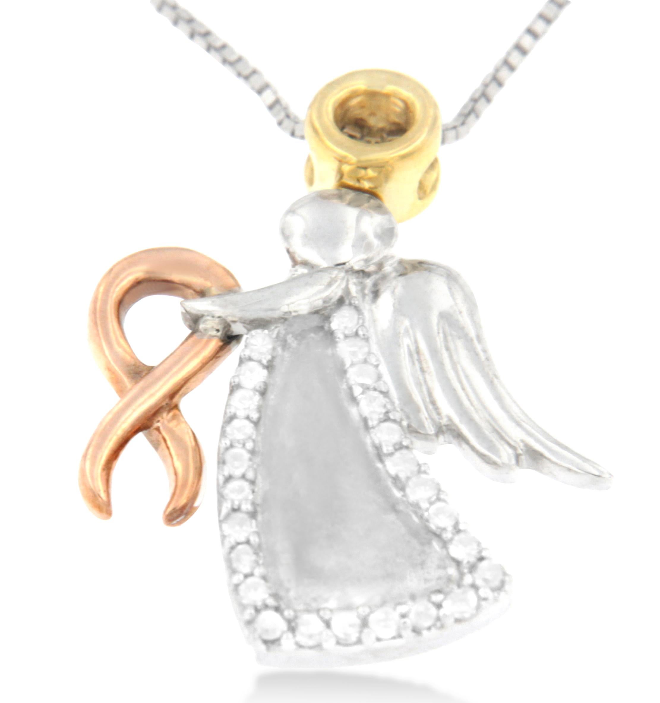 Round Cut 10k Tri-Color Gold Diamond-Accented Angel Awareness Ribbon Pendant Necklace For Sale