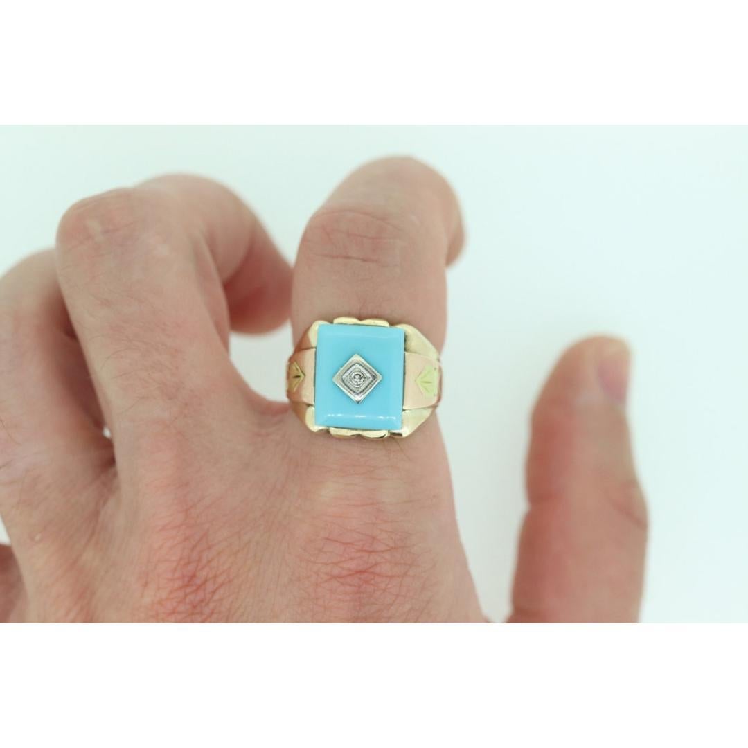 Men's 10k Turquoise and diamond ring. Heavy Mens Turquoise and center diamond