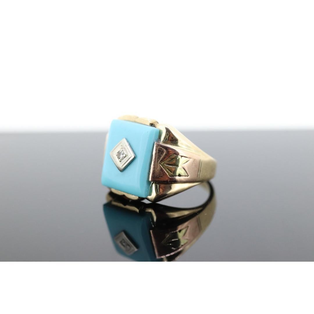 10k Turquoise and diamond ring. Heavy Mens Turquoise and center diamond 3
