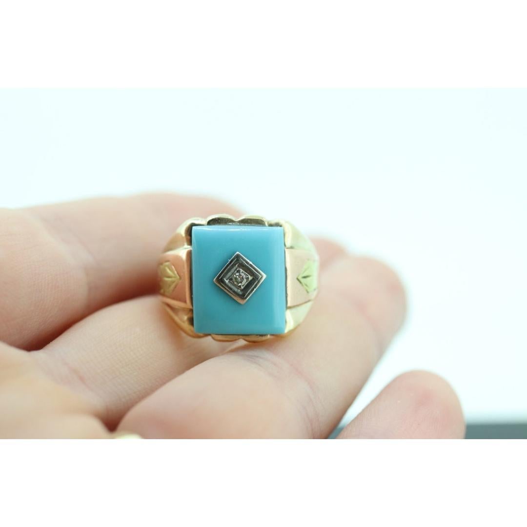 10k Turquoise and diamond ring. Heavy Mens Turquoise and center diamond 5