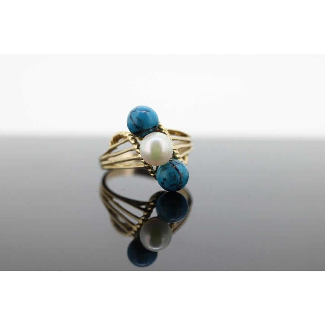 Round Cut 10k Turquoise and Pearl cluster ring. Bypass Turquoise and Pearl Bead Sphere For Sale