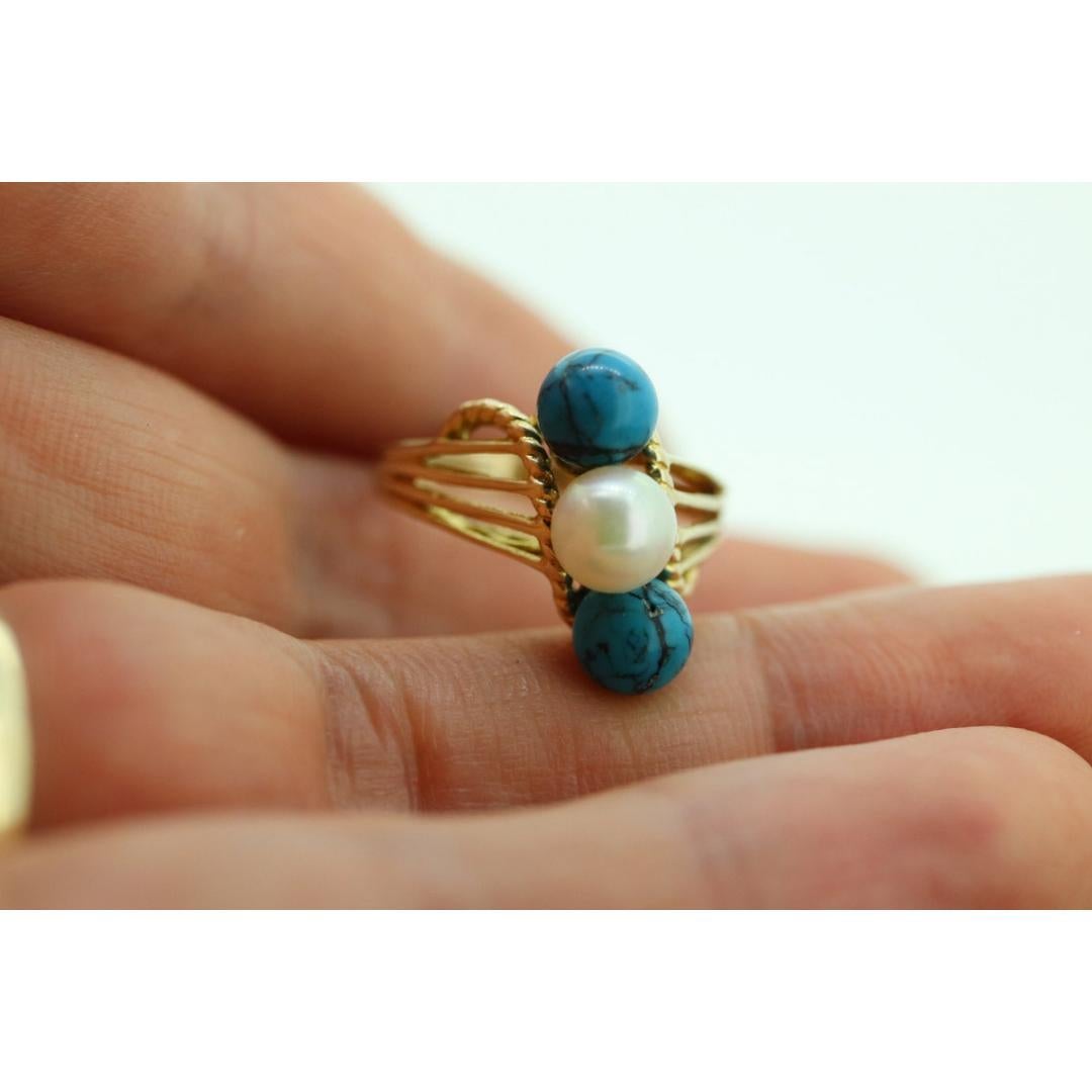 Women's 10k Turquoise and Pearl cluster ring. Bypass Turquoise and Pearl Bead Sphere For Sale