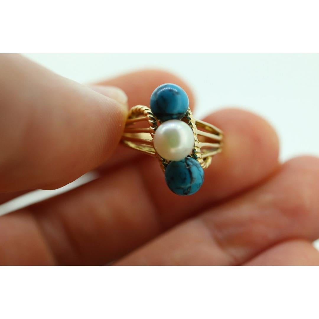 10k Turquoise and Pearl cluster ring. Bypass Turquoise and Pearl Bead Sphere For Sale 4