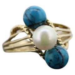 10k Turquoise and Pearl cluster ring. Bypass Turquoise and Pearl Bead Sphere