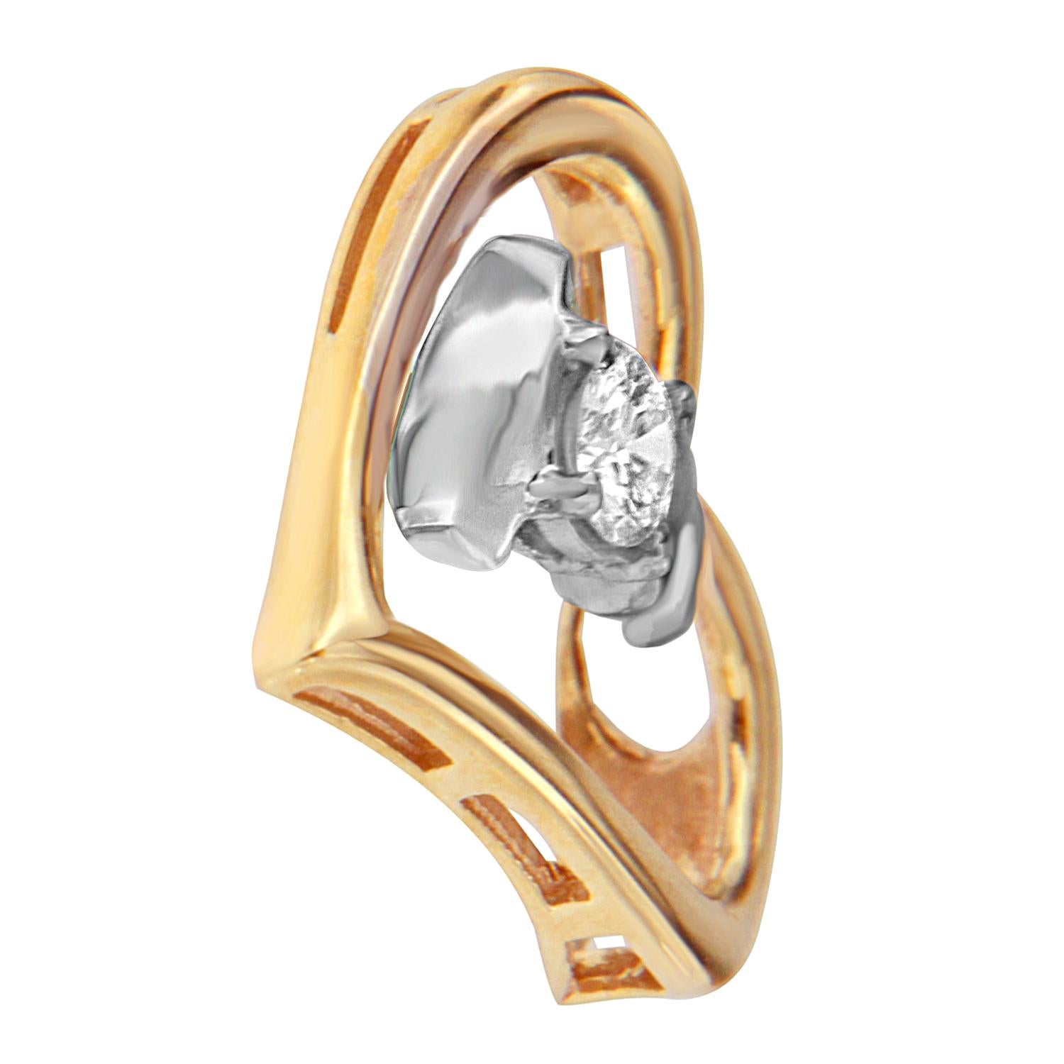 Round Cut 10K Two-Tone Gold 1/10 Carat Diamond Pendant Necklace For Sale