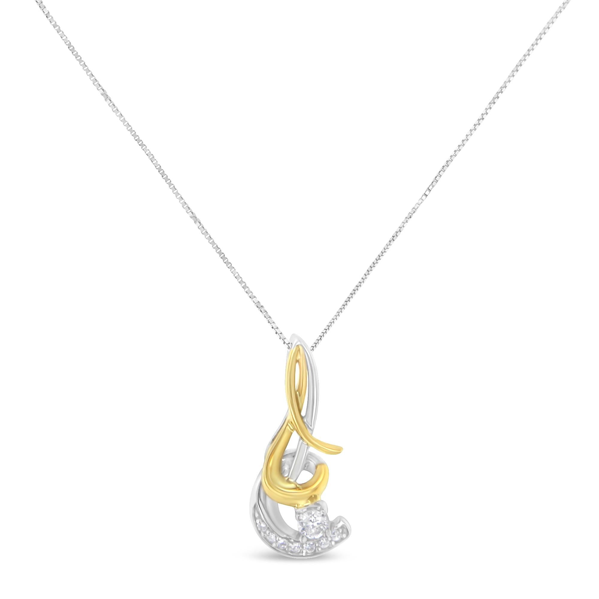 A swirl of white and yellow gold creates a stunning spiral effect, making this pendant a true standout. With a scattering of diamonds throughout—and one larger round cut diamond cradled in between—this is one style she needs to have in her jewelry
