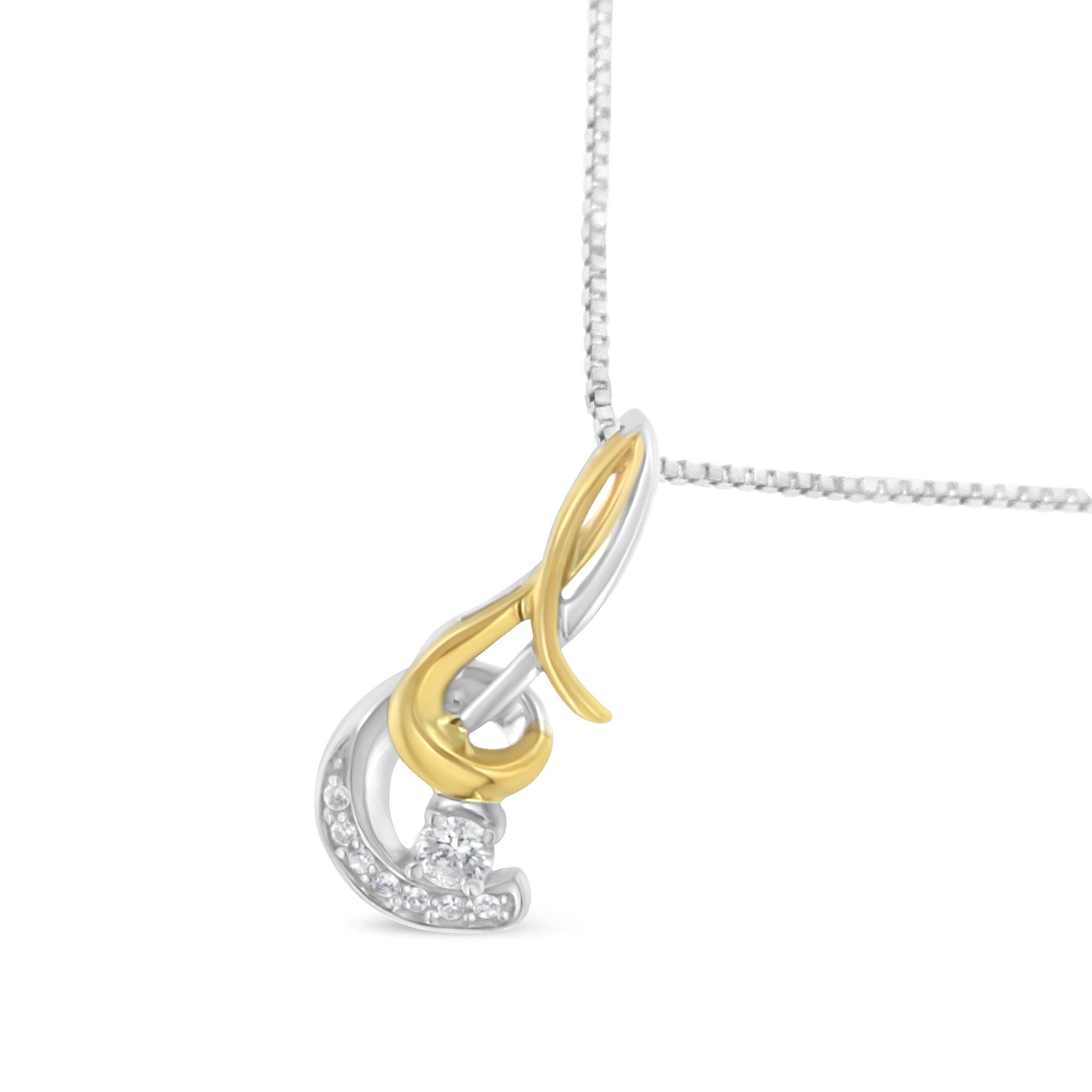 Contemporary 10K Two-Tone Gold 1/10 Carat Round Brilliant-Cut Diamond Spiral Pendant Necklace For Sale