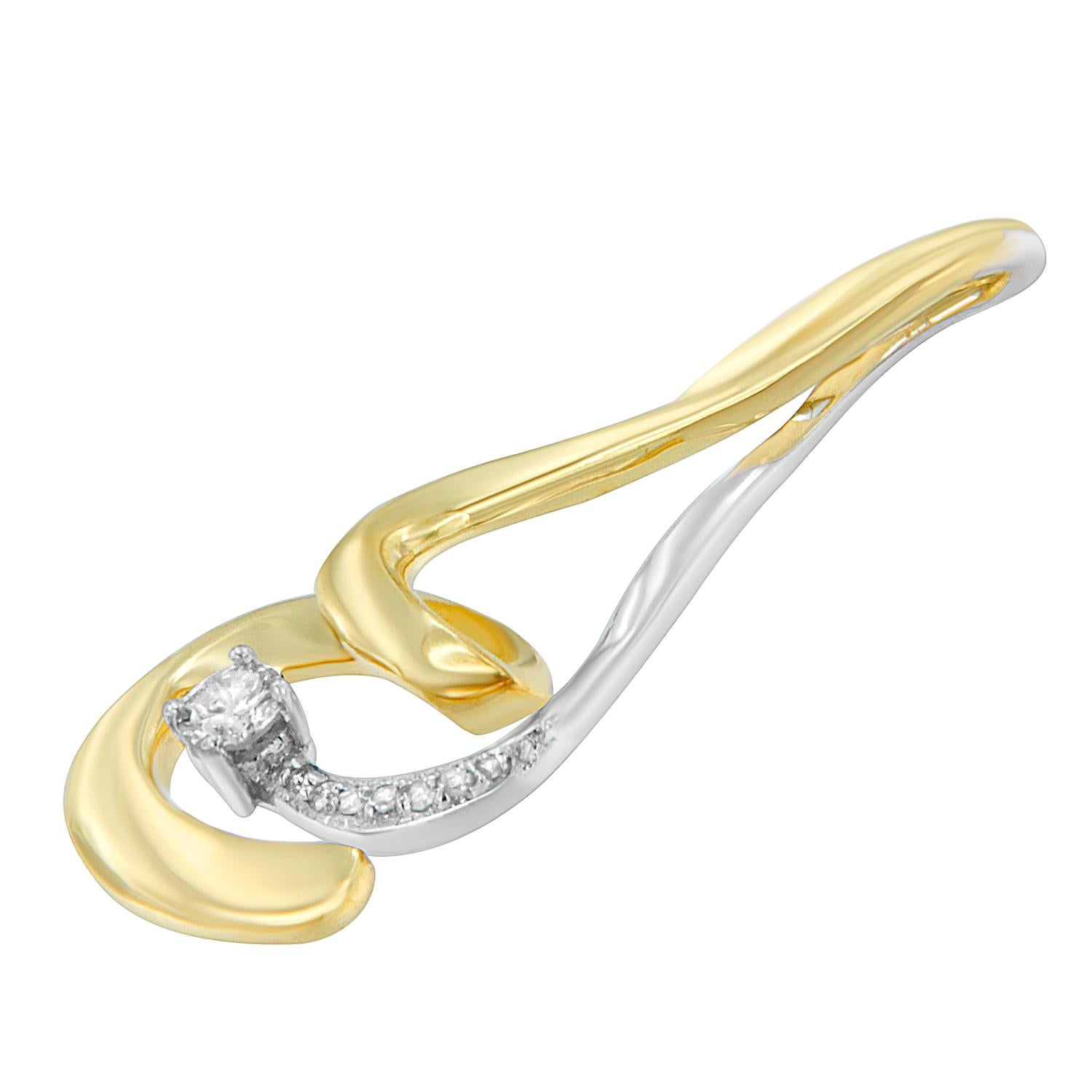 A swirl of white and yellow gold creates a stunning spiral effect, making this pendant a true standout. With a scattering of diamonds down one side, capped off by a larger stone at bottom, this is one style she needs to have in her jewelry