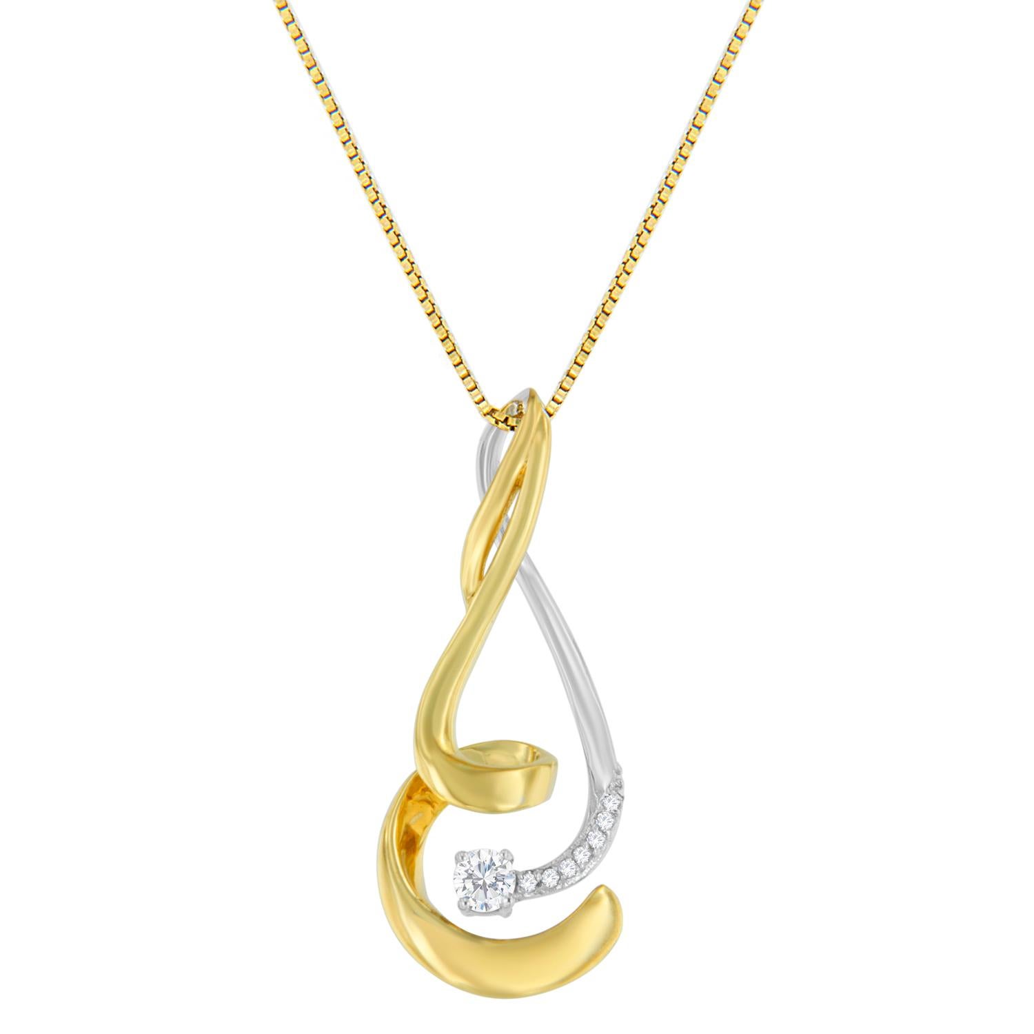 Contemporary 10K Two-Tone Gold 1/10 Carat Round Cut Diamond Swirl Pendant Necklace For Sale