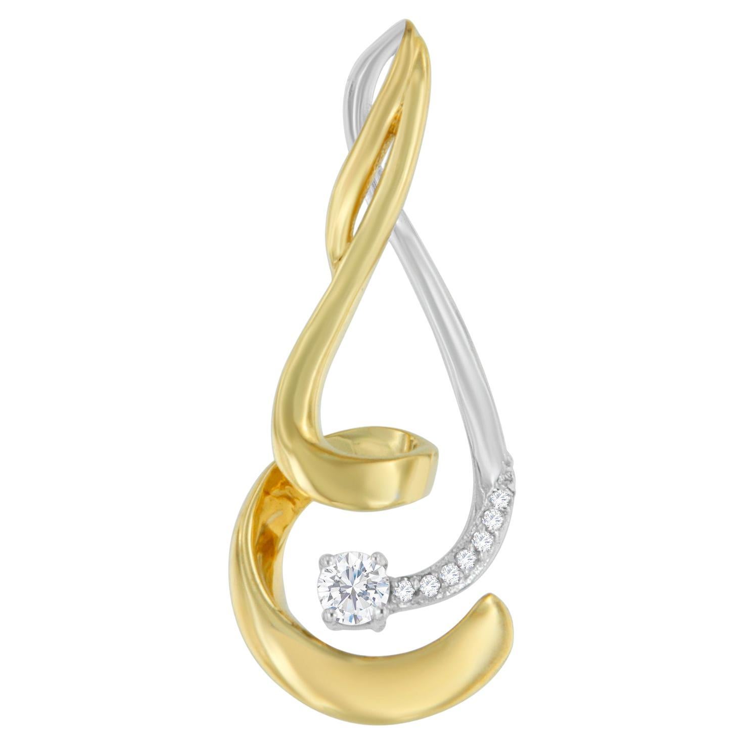 10K Two-Tone Gold 1/10 Carat Round Cut Diamond Swirl Pendant Necklace For Sale
