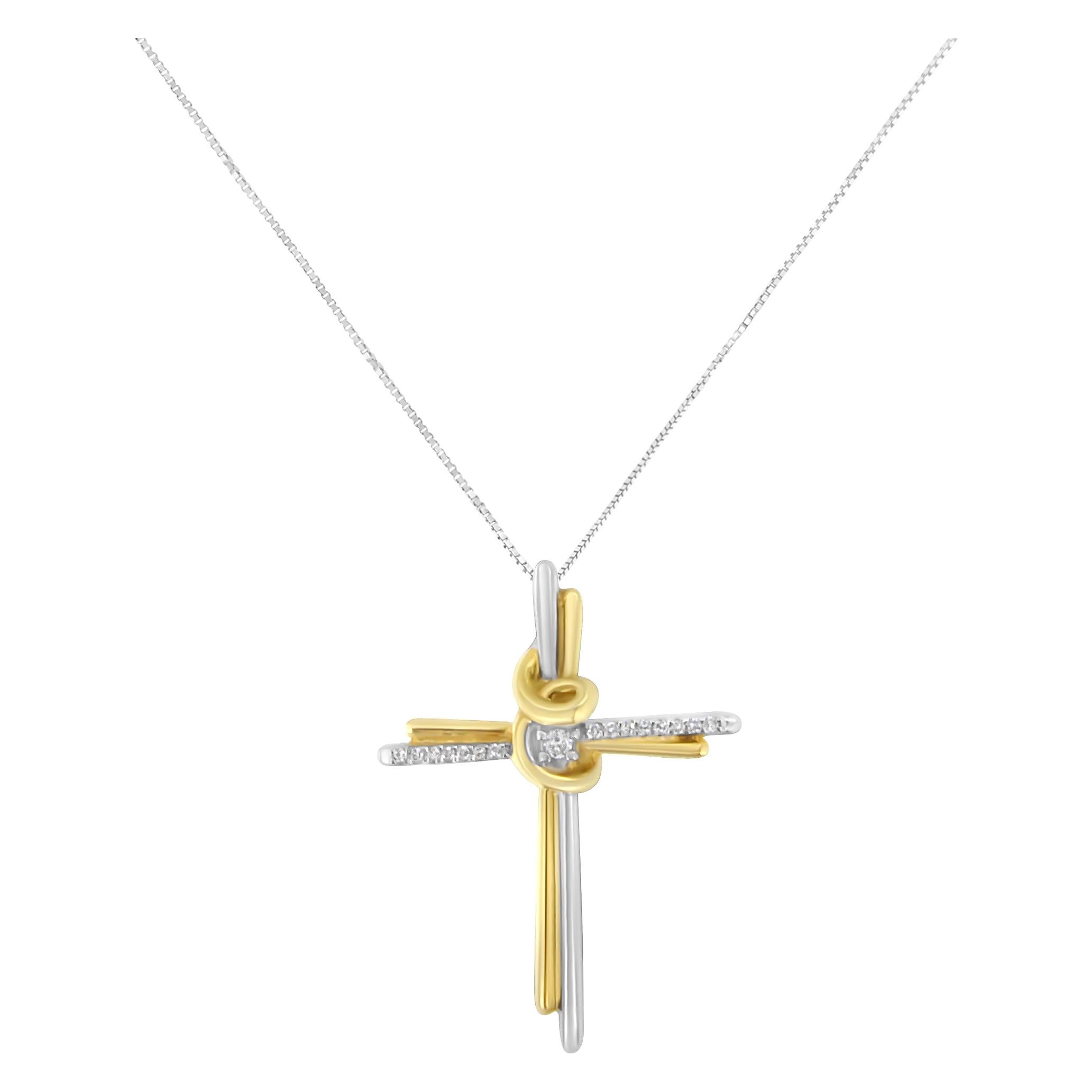 10K Two-Tone Gold Round Cut Diamond Cross Pendant Necklace