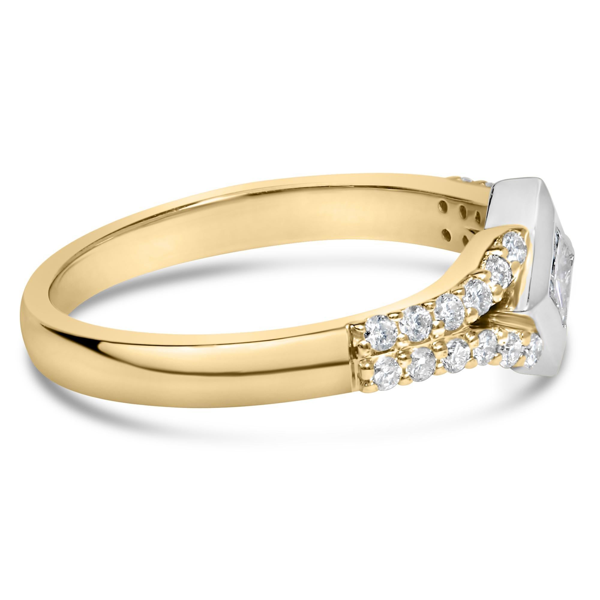 Immerse yourself in the opulent splendor of this exquisite ring, crafted with a harmonious blend of 10K yellow and rhodium-plated white gold. At its heart, a 1/5 carat princess-cut diamond, set ingeniously in a bezel that magnifies its allure,