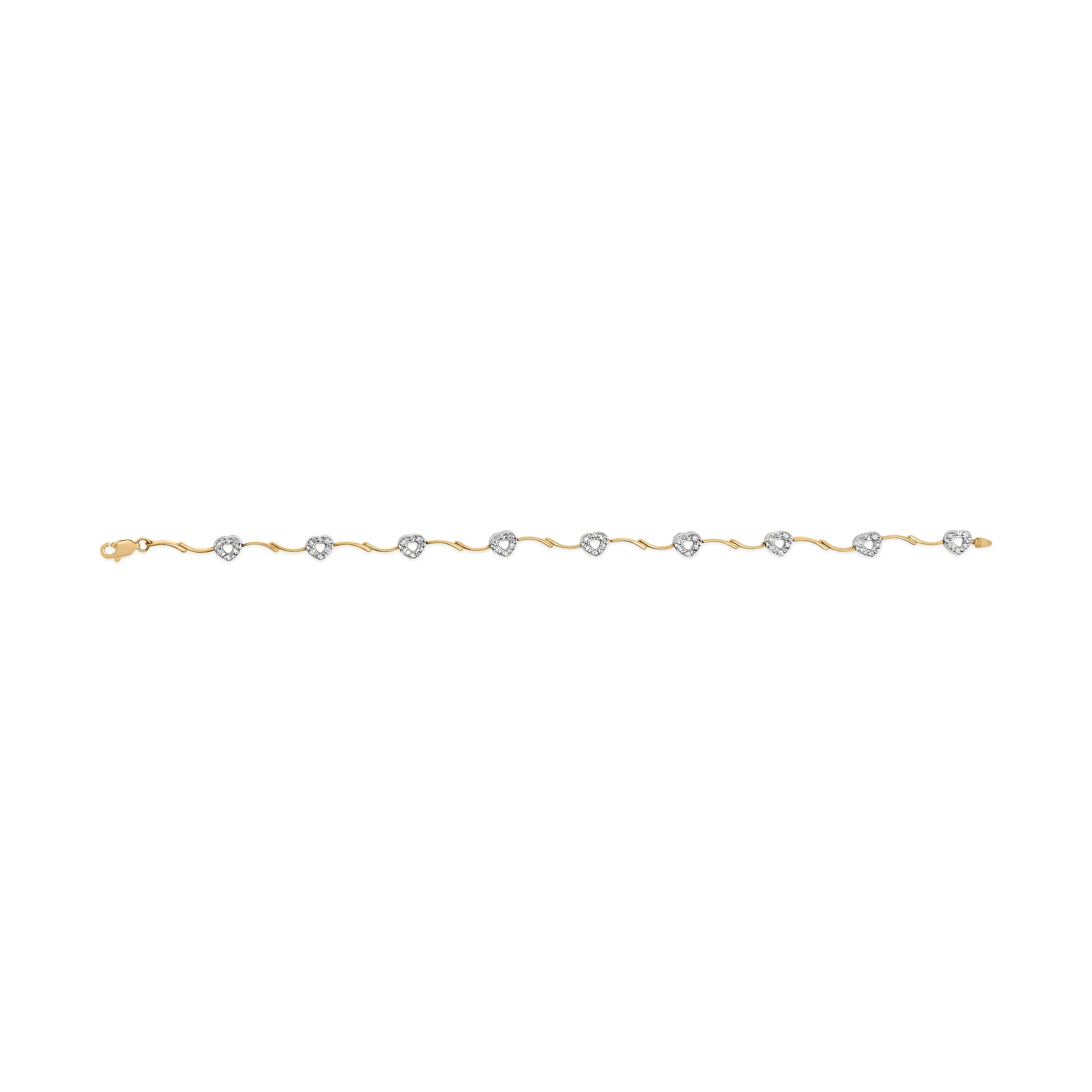 Taille ronde Or 10k bicolore 1/3 Cttw Diamond Pave Set Heart S-Link 7.25