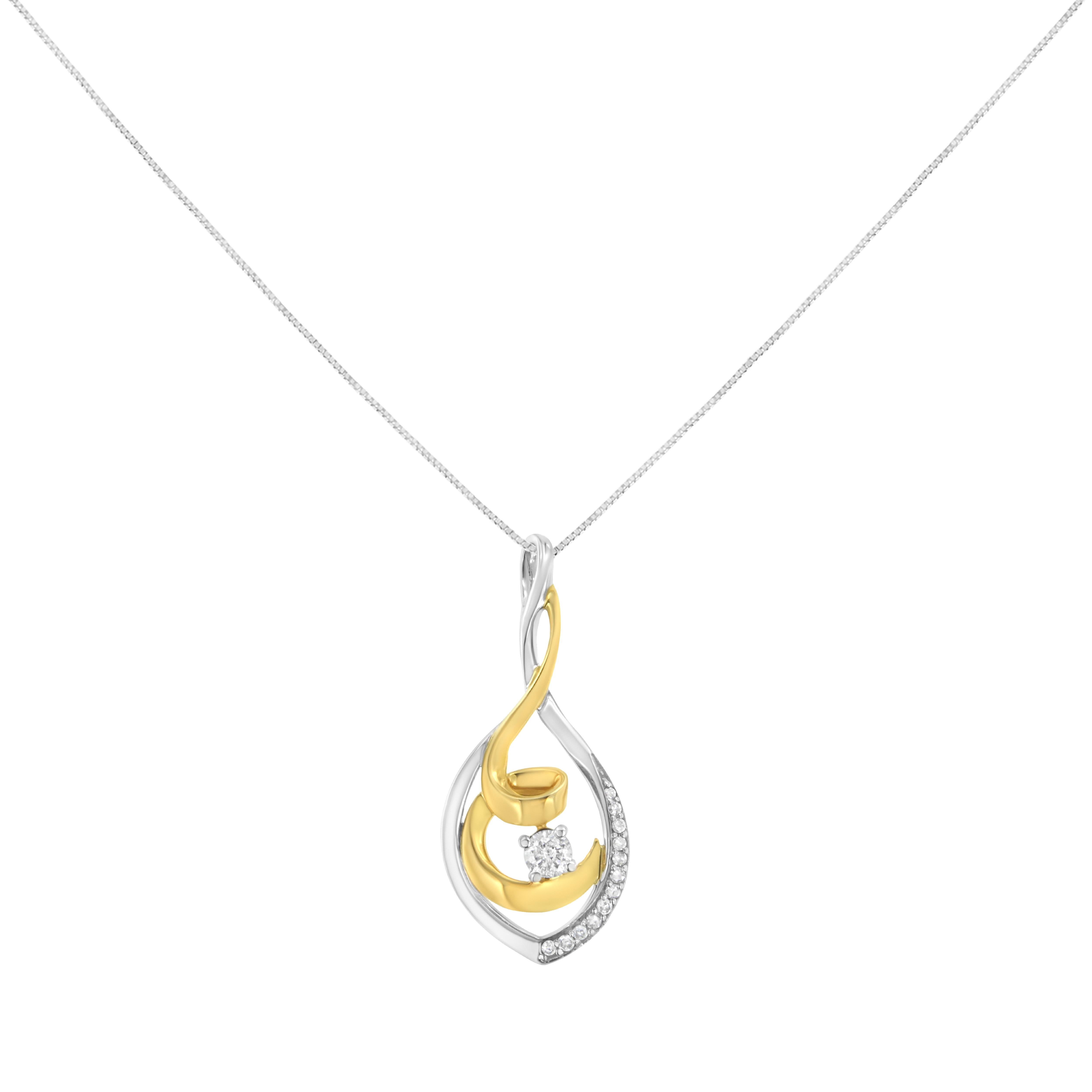Swirls of white and yellow gold are linked together, creating an eye-catching contrast for this unique pendant necklace. A sprinkling of diamonds line the outer layer, while a single stone adorns the center, lending style and elegance. This